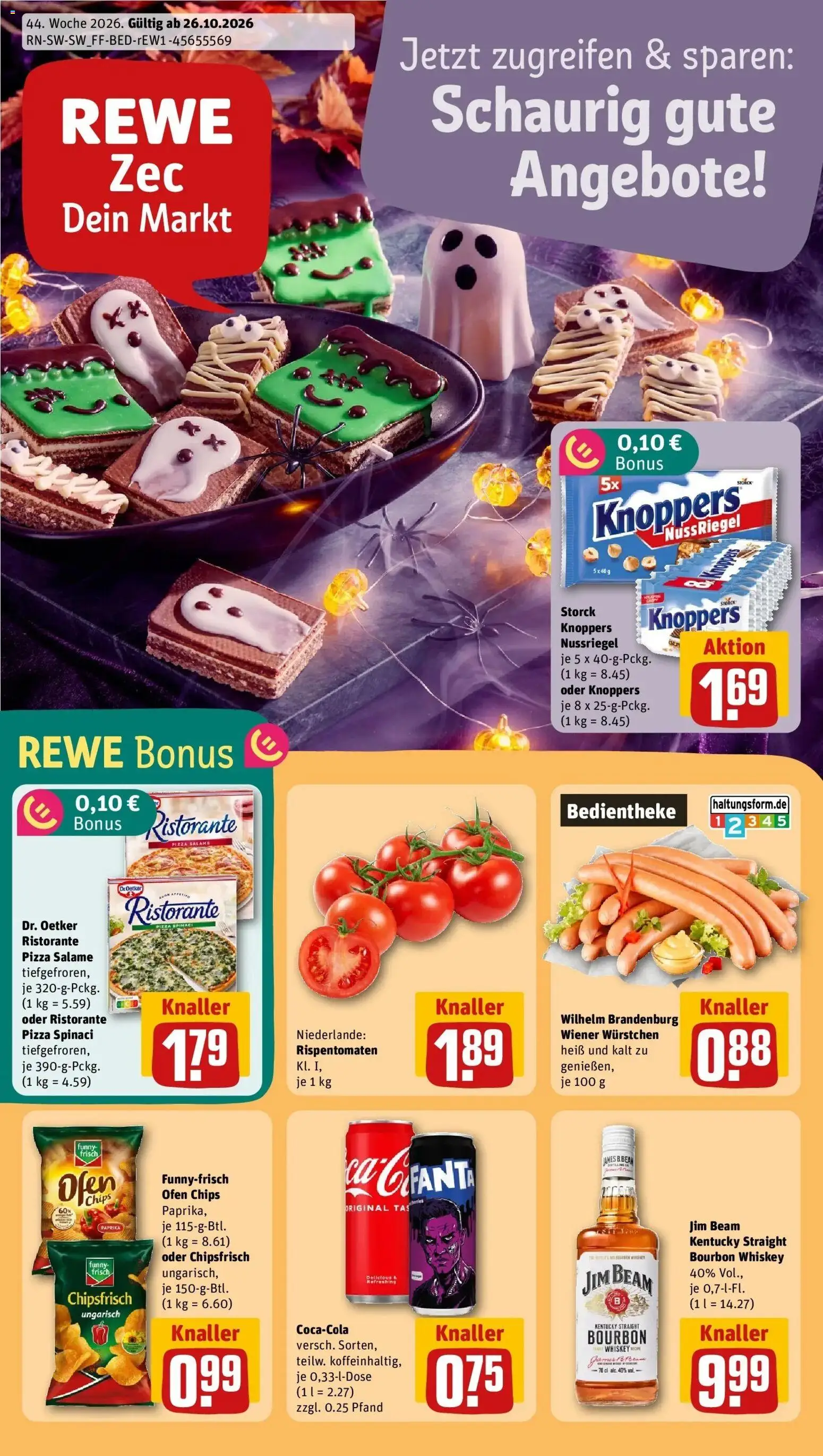 REWE Prospekt ab 26.10.2026 zum Blättern » Angebote | Seite: 1 | Produkte: Jim beam, Salami, Bourbon, Chips