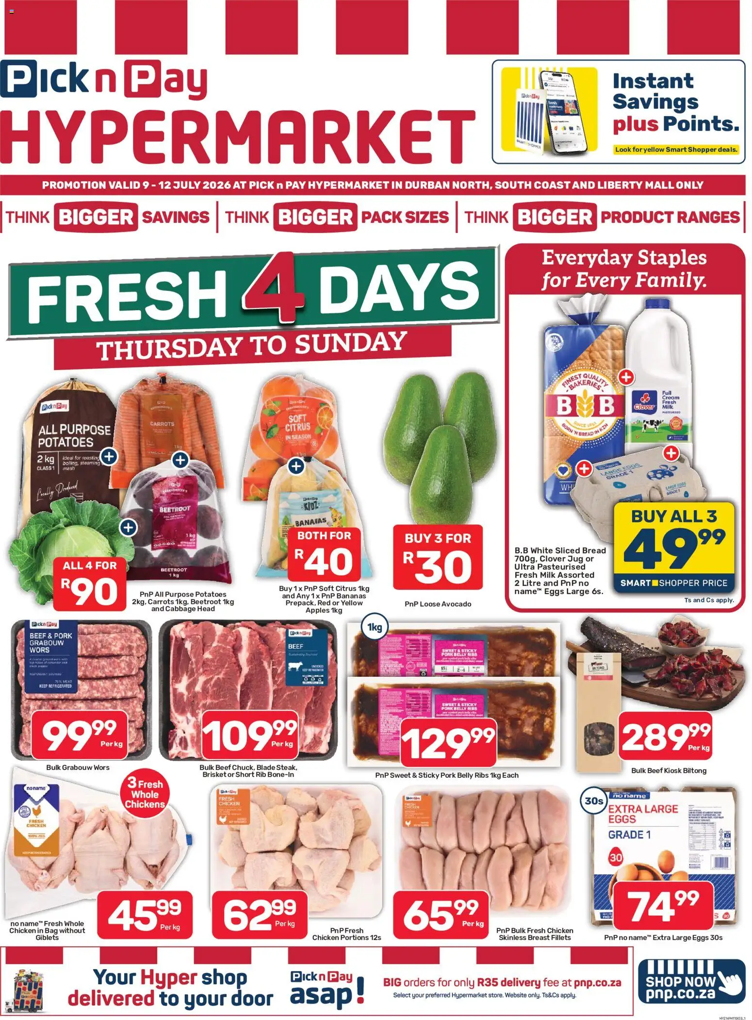 New Pick n Pay catalogue – valid from 09/07/2026 | Page: 1 | Products: Chicken, Pork, Bananas, Carrots