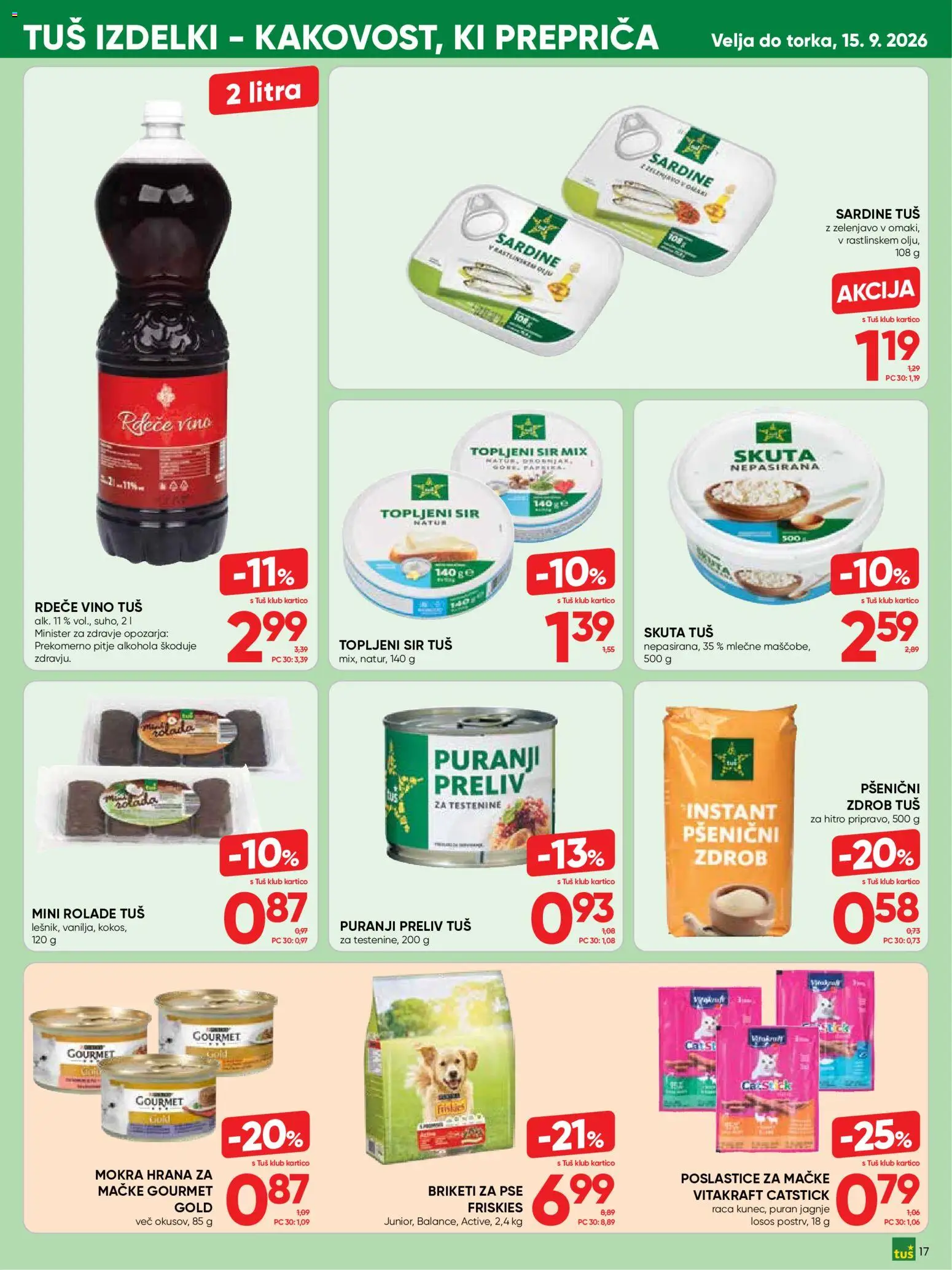 Novi Tuš katalog ponudbe – veljaven od 02.09.2026 | Stran: 17 | Izdelki: Rolada, Sir, Vino, Testenine