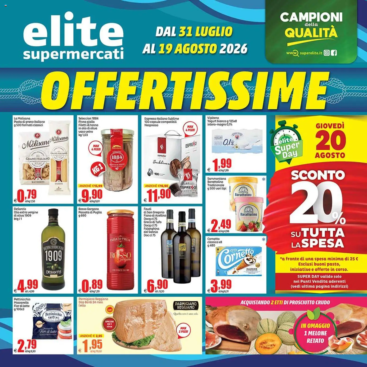 Volantino Elite Supermercati del 31/07/2026 | Pagina: 1 | Prodotti: Prosciutto, Parmigiano reggiano, Parmigiano, Vaso
