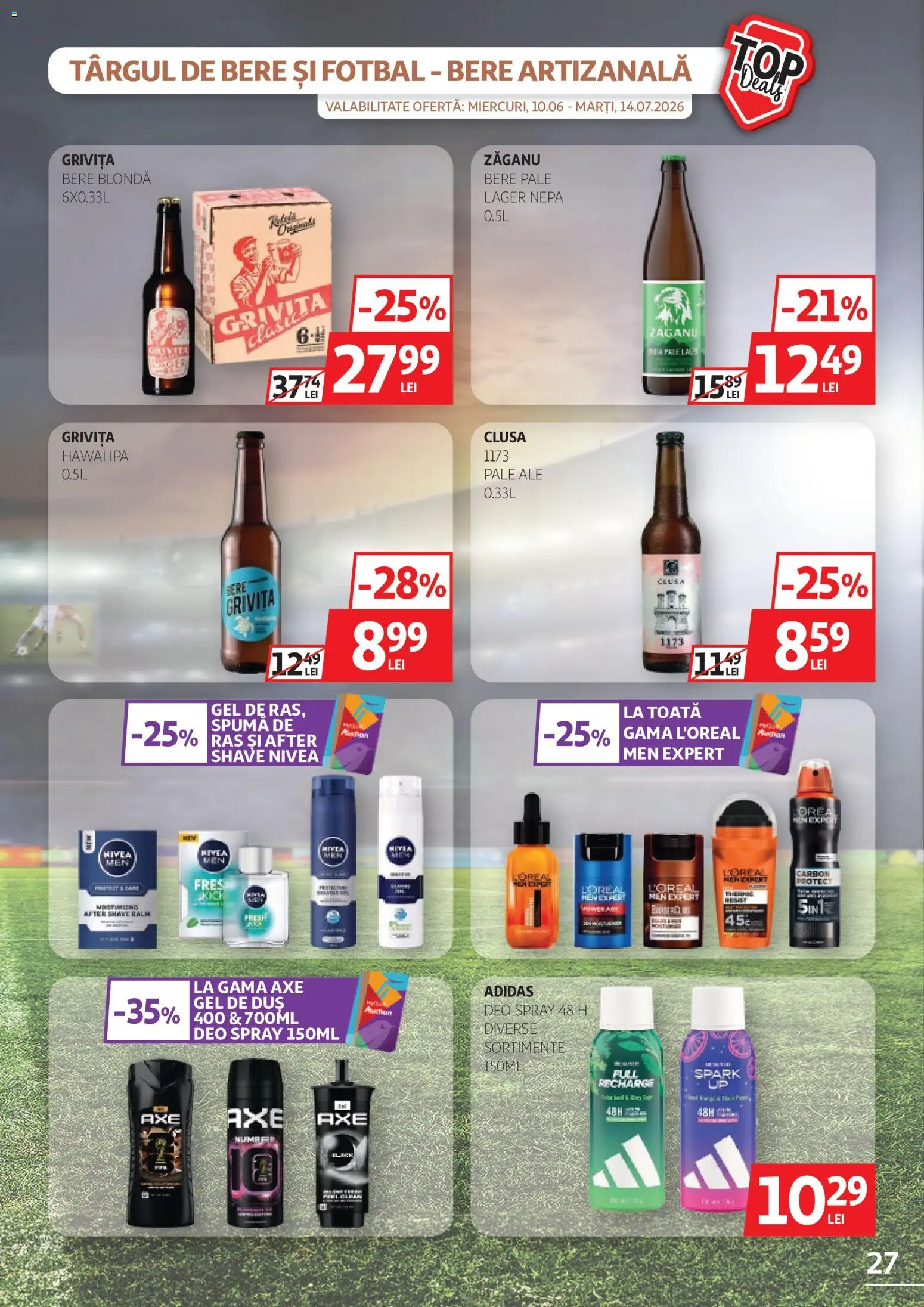 Noul catalog Auchan – valabil de la 17.06.2026 | Pagină: 27 | Produse: After shave, Duș, Bere, Gel de duș