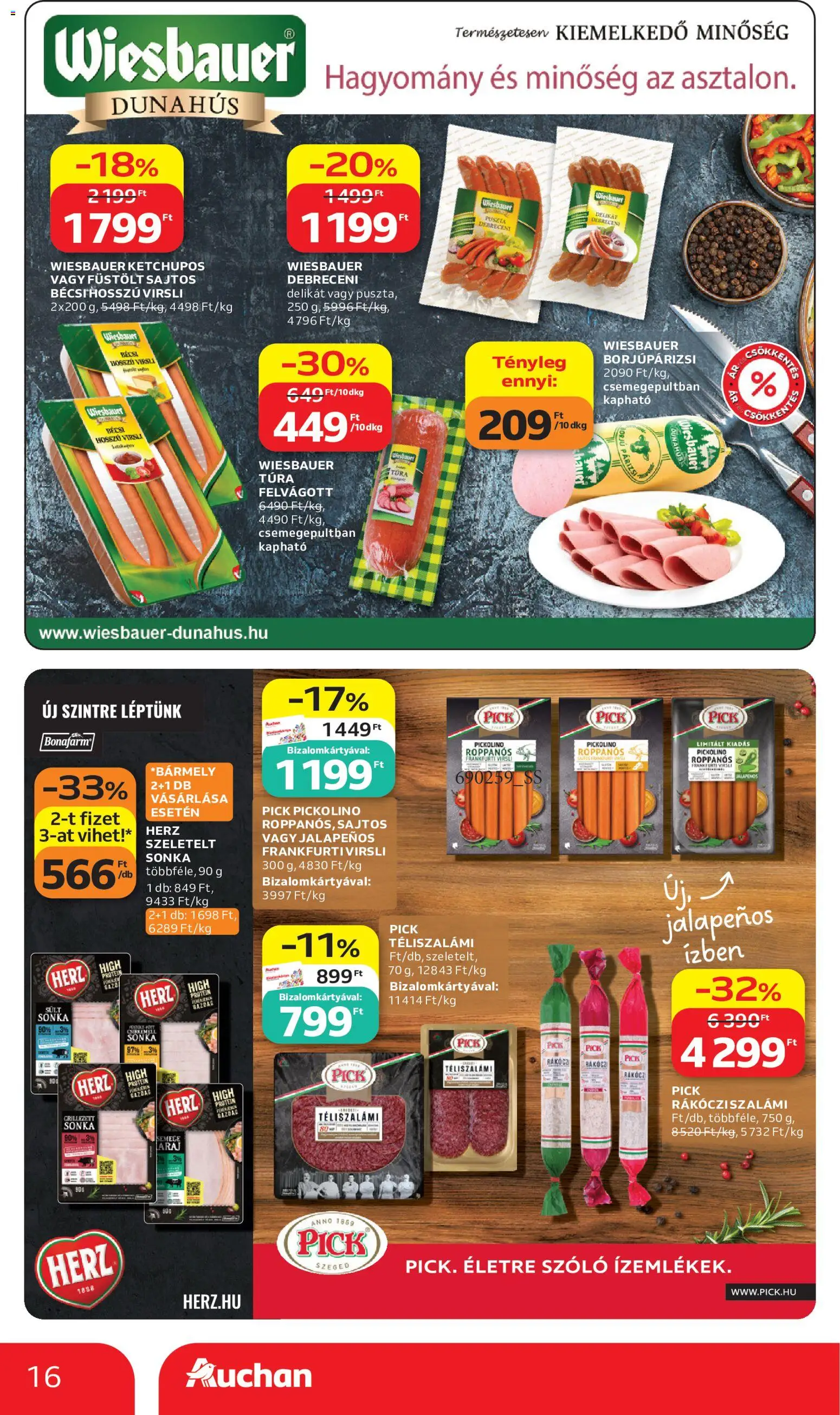 Auchan akciós ujság - amely érvényes a következő dátumtól: 11.06.2026 | Oldal: 16 | Termékek: Virsli, Pick téliszalámi, Debreceni, Frankfurti virsli