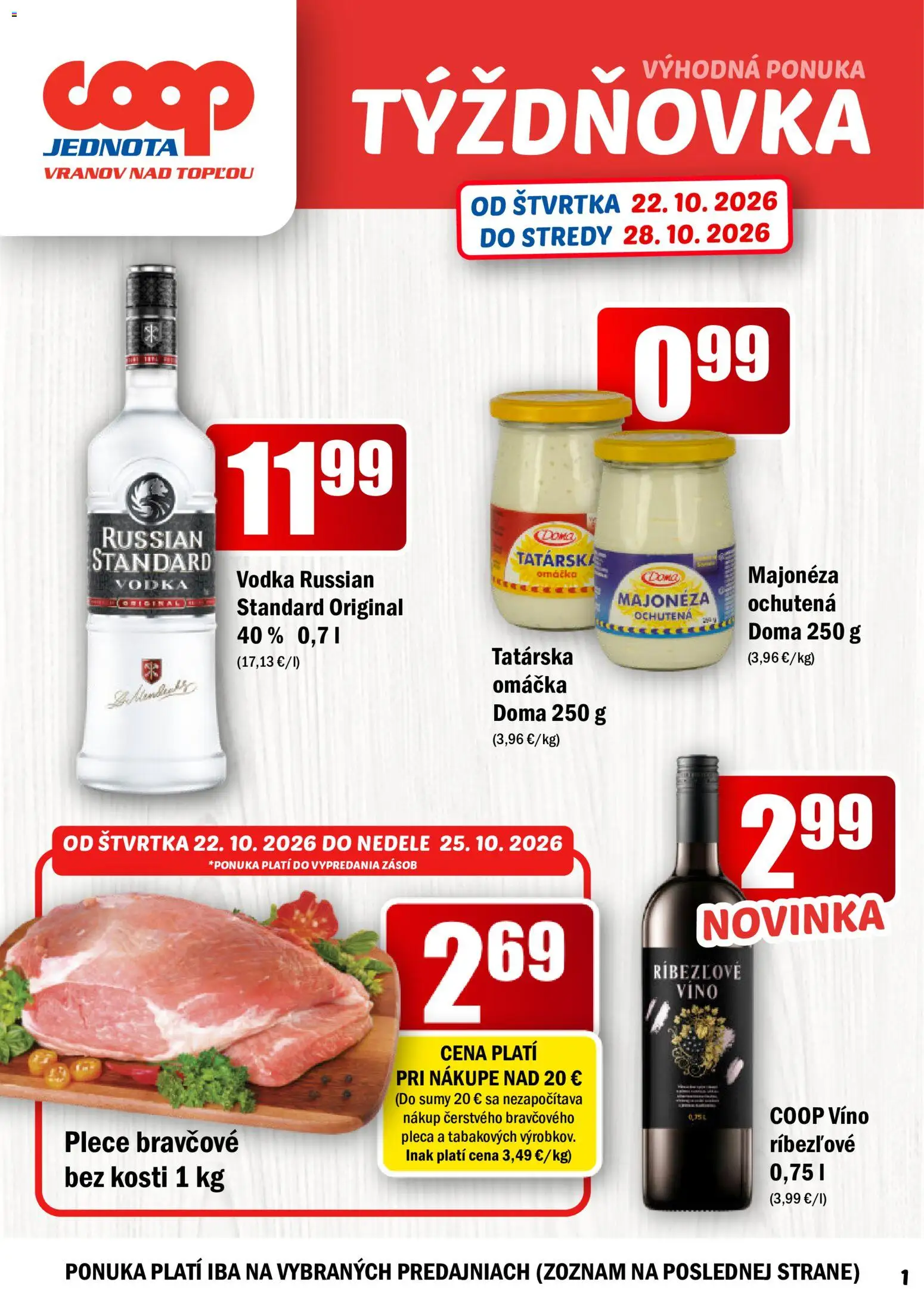 Nové COOP Jednota akcie – leták je platný od 22.10.2026 | Strana: 1 | Produkty: Majonéza, Ríbezľové víno, Vodka, Omáčka