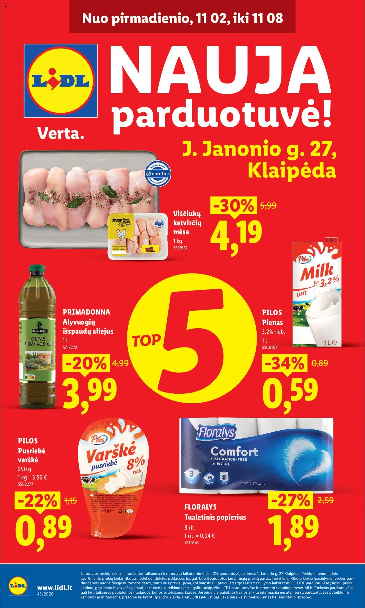 LIDL akcijos nuo 2026.11.02 | Puslapis: 1 | Prekių: Pienas, Aliejus, Vištiena, Tualetinis popierius