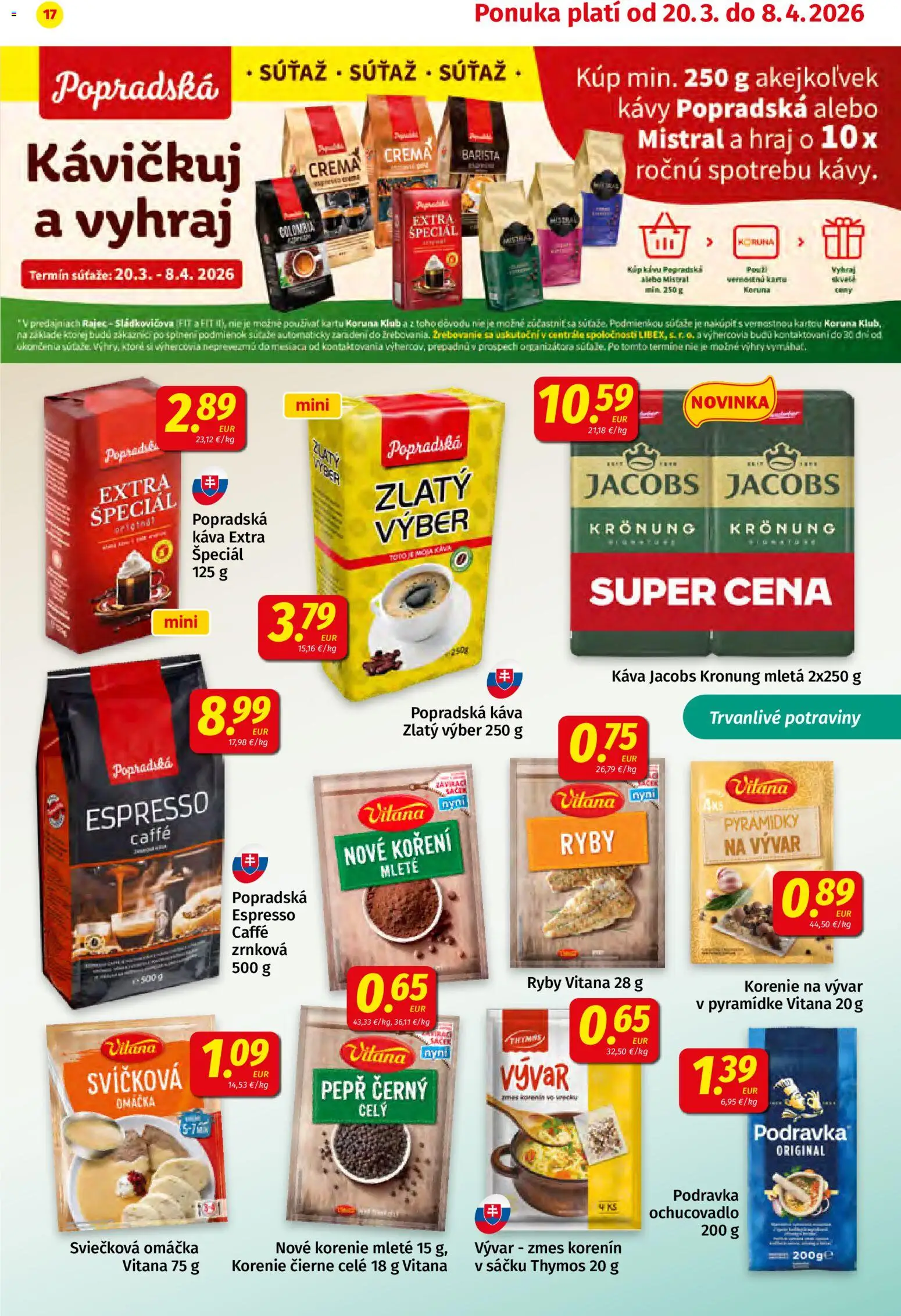 Nové Koruna akcie – leták je platný od 20.03.2026 | Strana: 17 | Produkty: Ryby, Jacobs Krönung, Korenie, Omáčka