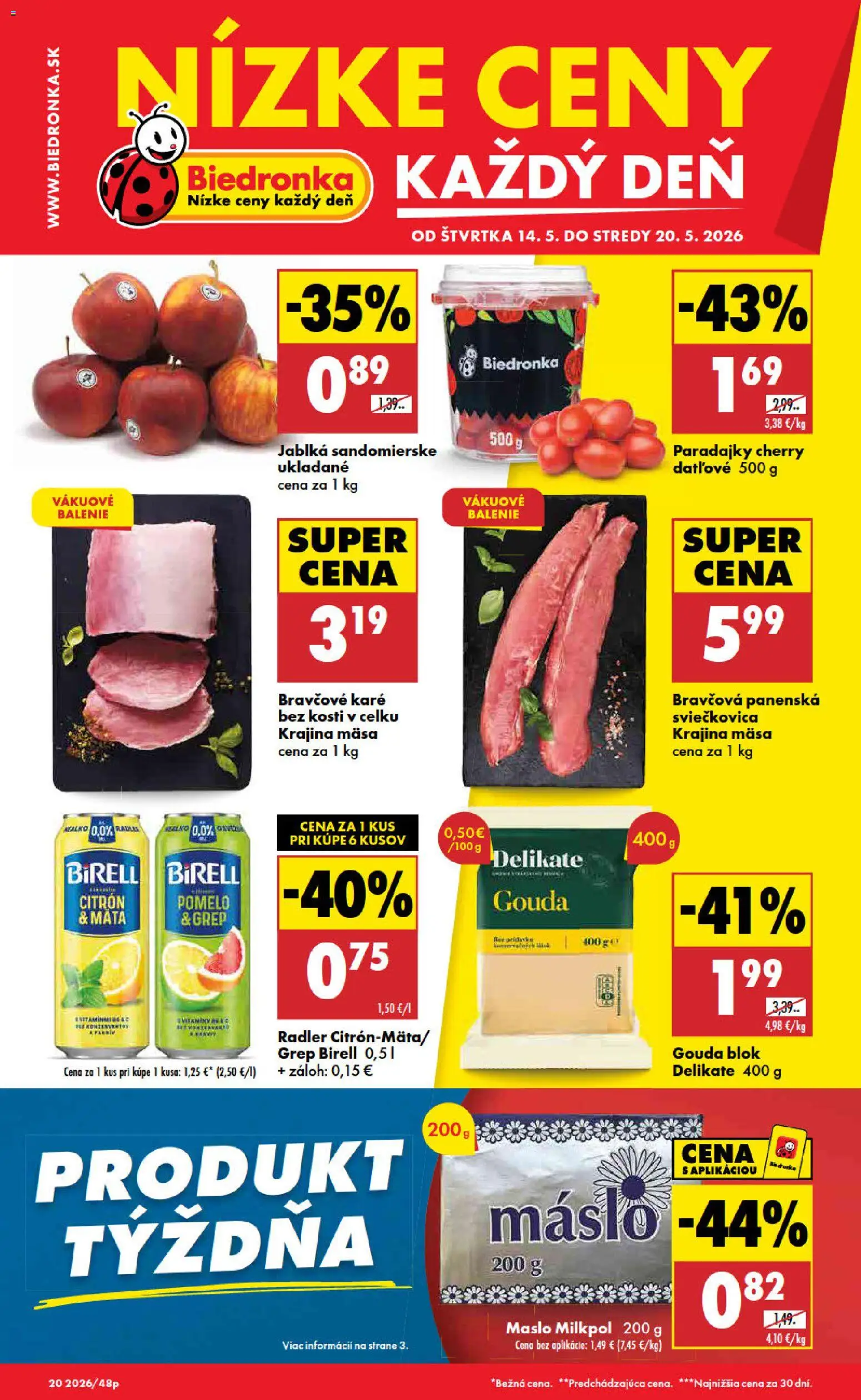 Nové Biedronka akcie – leták je platný od 14.05.2026 | Strana: 1 | Produkty: Birell, Jablká, Paradajky, Grep