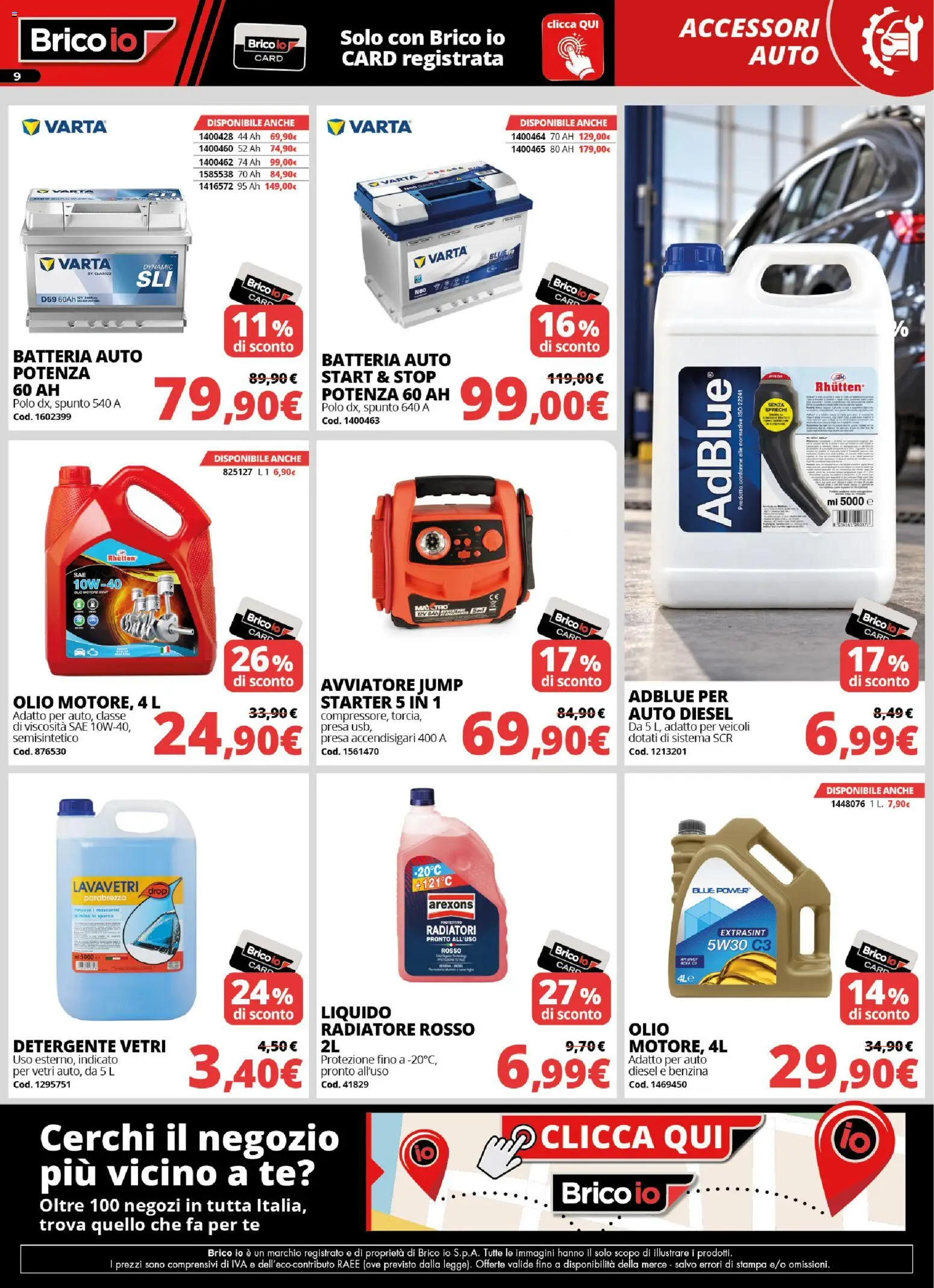 Volantino Brico io del 08/10/2026 | Pagina: 9 | Prodotti: Detergente, Olio, Presa, Batteria