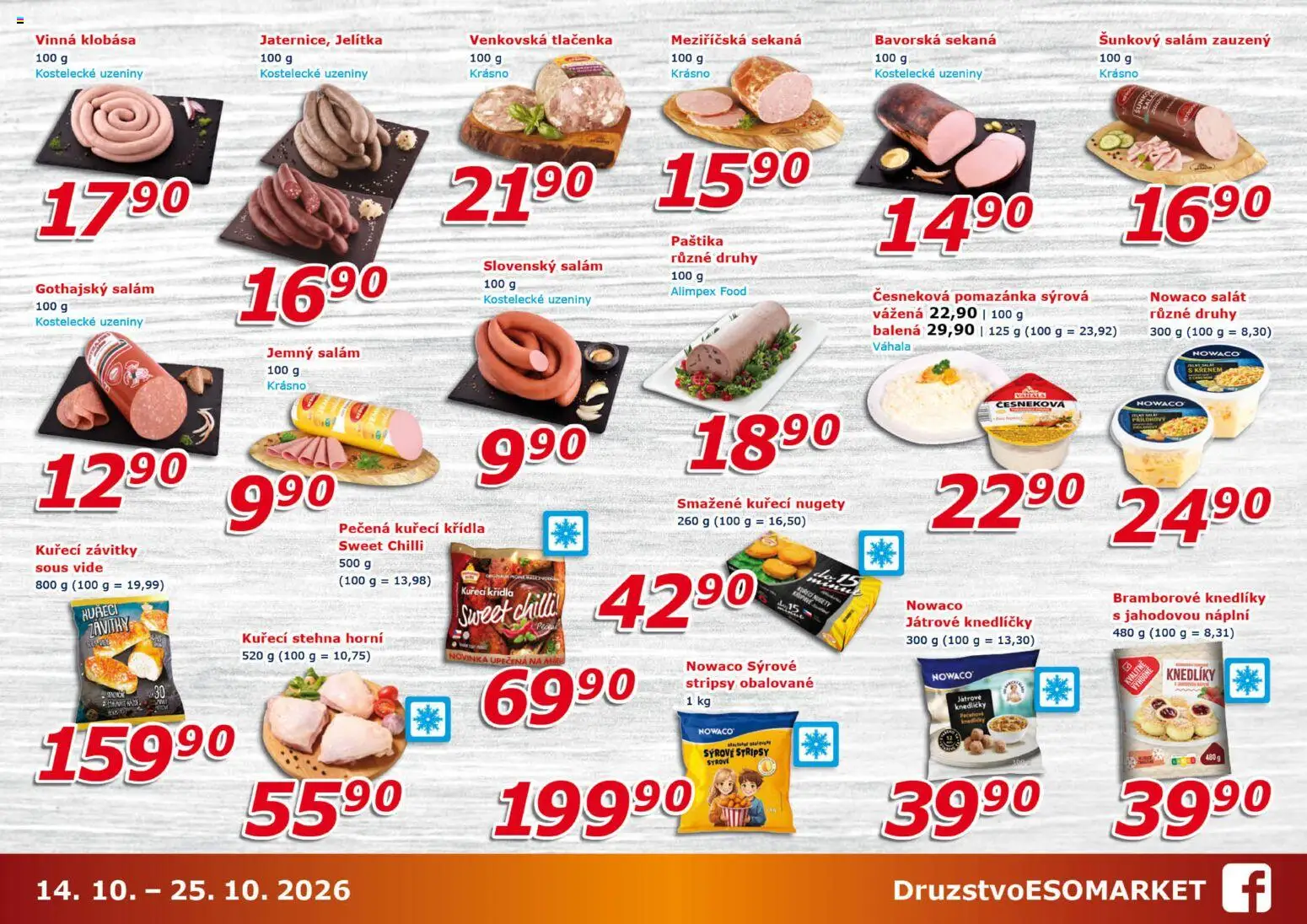 Eso market leták od 14.10.2026 | Strana: 3 | Produkty: Stripsy, Vinná klobása, Uzeniny, Kuřecí Křídla