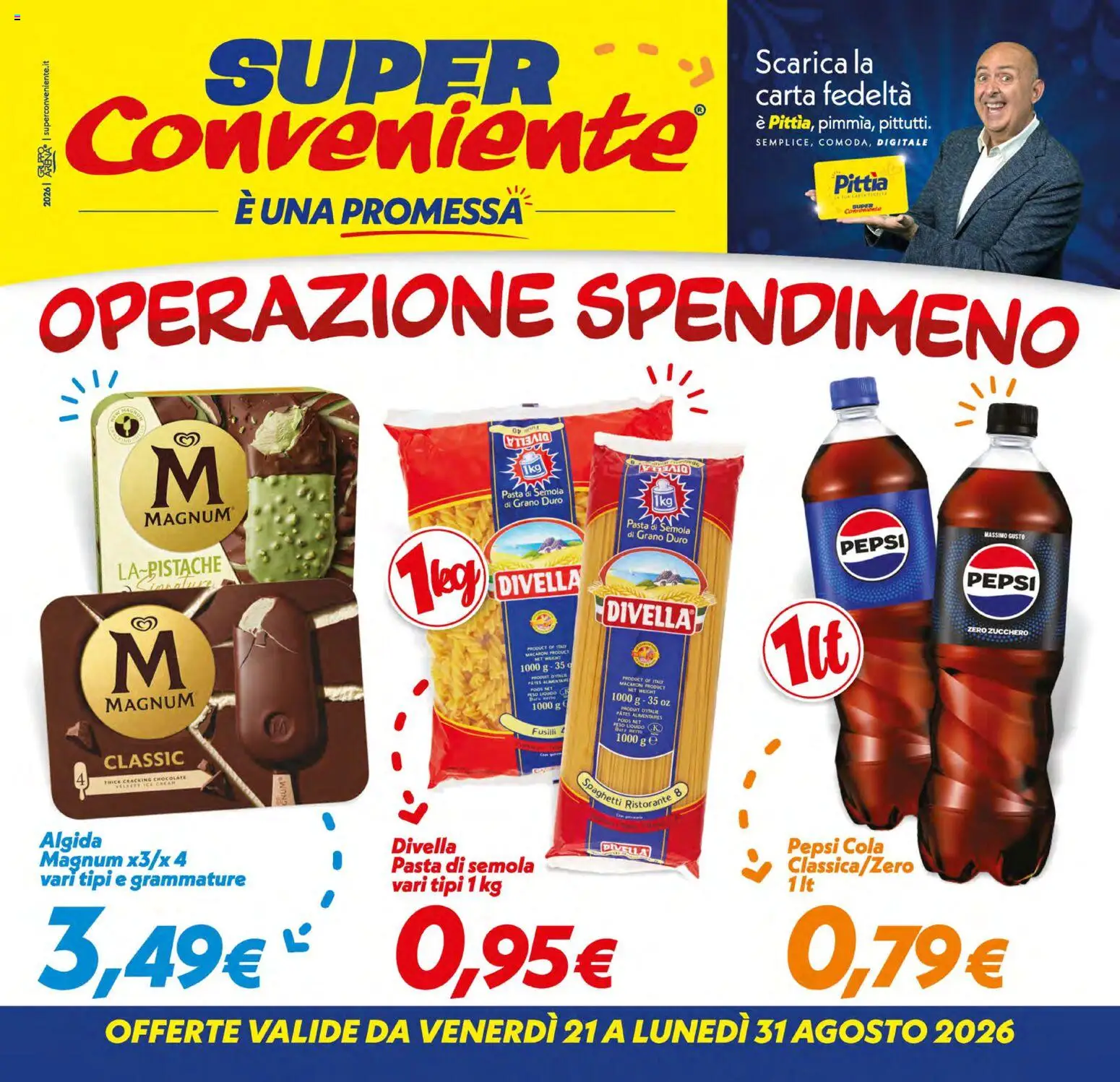 Volantino SuperConveniente del 21/08/2026 | Pagina: 1 | Prodotti: Divella, Zucchero, Semola, Spaghetti