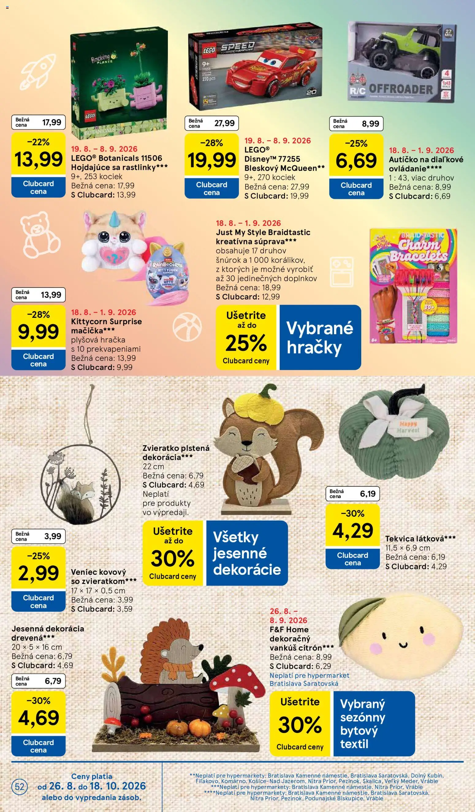 Nové Tesco akcie – leták je platný od 26.08.2026 | Strana: 52 | Produkty: Vankúš, LEGO, Hračky