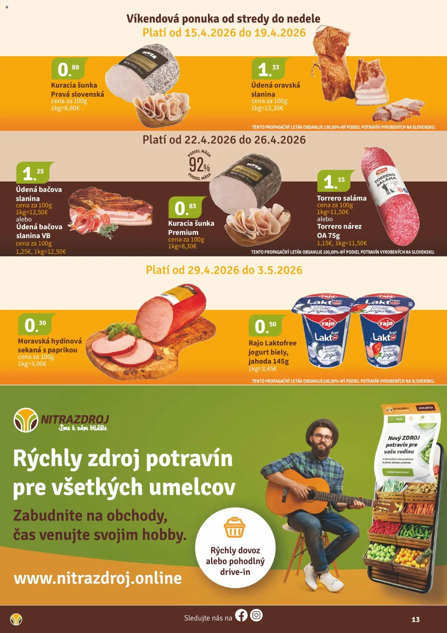 Nové Nitrazdroj akcie – leták je platný od 17.04.2026 | Strana: 13 | Produkty: Jogurt, Saláma, Šunka, Slanina