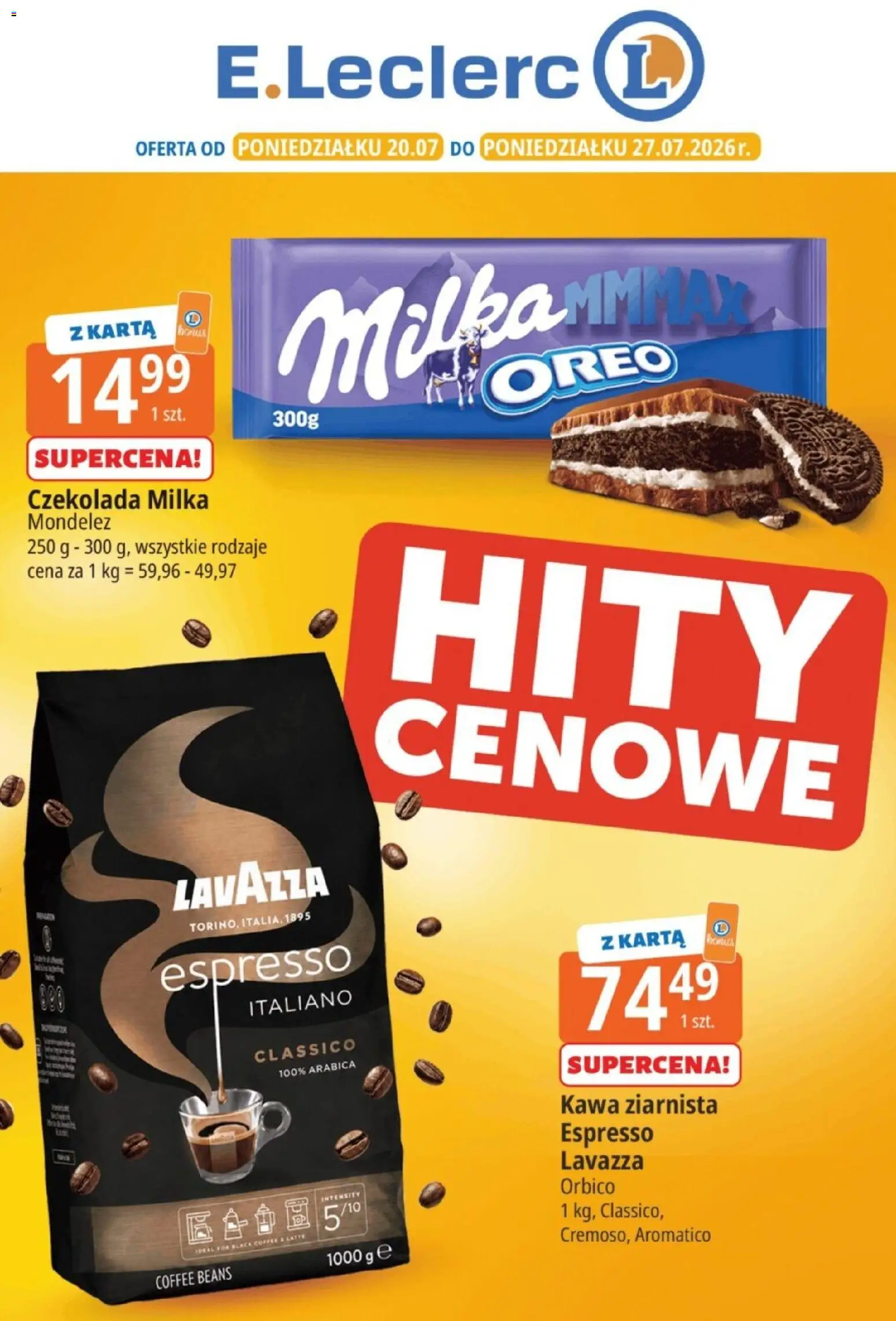 E.Leclerc gazetka - Hity cenowe od 20.07.2026 | Strona: 1 | Produkty: Kawa ziarnista, Lavazza, Kawa, Czekolada