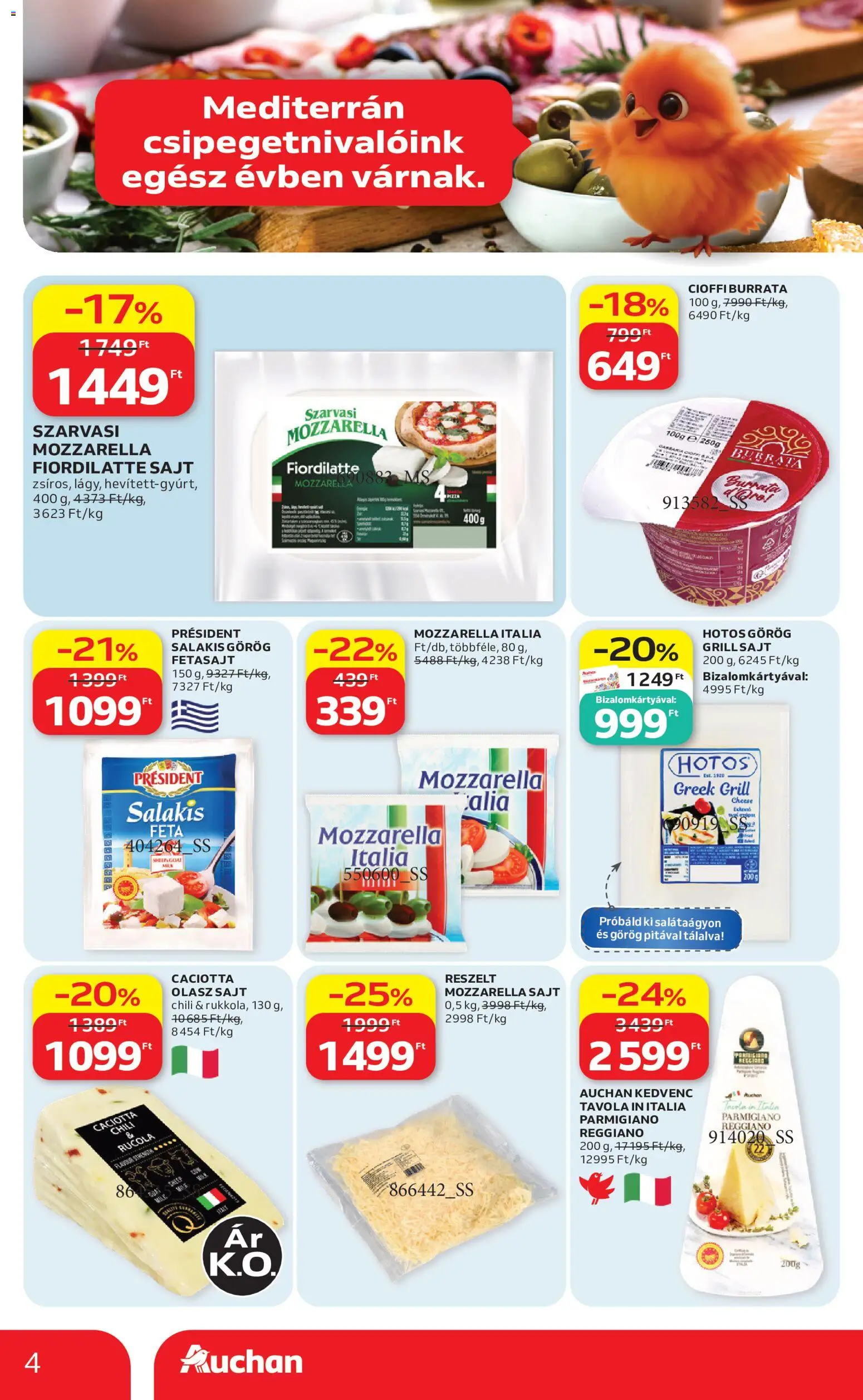 Auchan akciós ujság - amely érvényes a következő dátumtól: 2026.07.30. | Oldal: 4 | Termékek: Mozzarella, Grill sajt, Sajt, Burrata