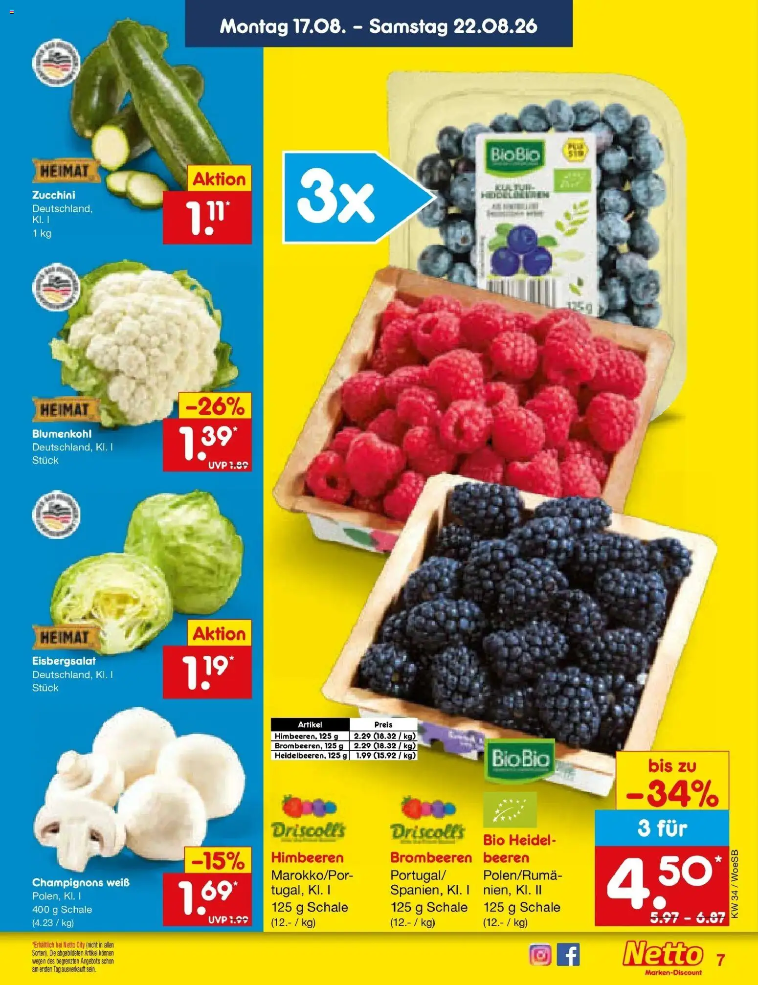 Netto Marken-Discount Prospekt Gemmingen – gültig ab 17.08.2026 | Seite: 9 | Produkte: Himbeeren, Champignons, Blumenkohl, Zucchini