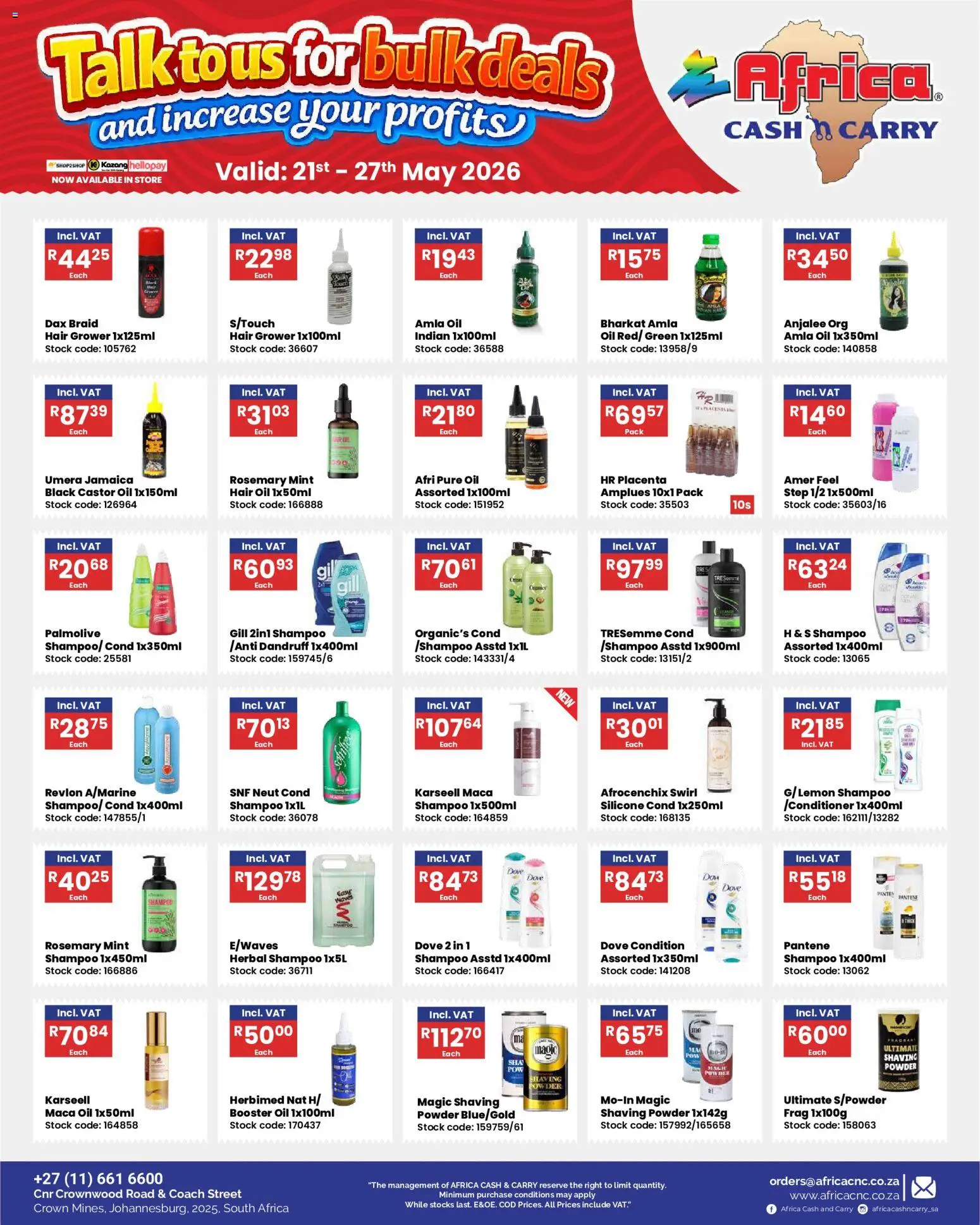 New Africa Cash & Carry catalogue – valid from 21.05.2026 | Page: 3 | Products: Powder, Shampoo, Hair oil, Stock