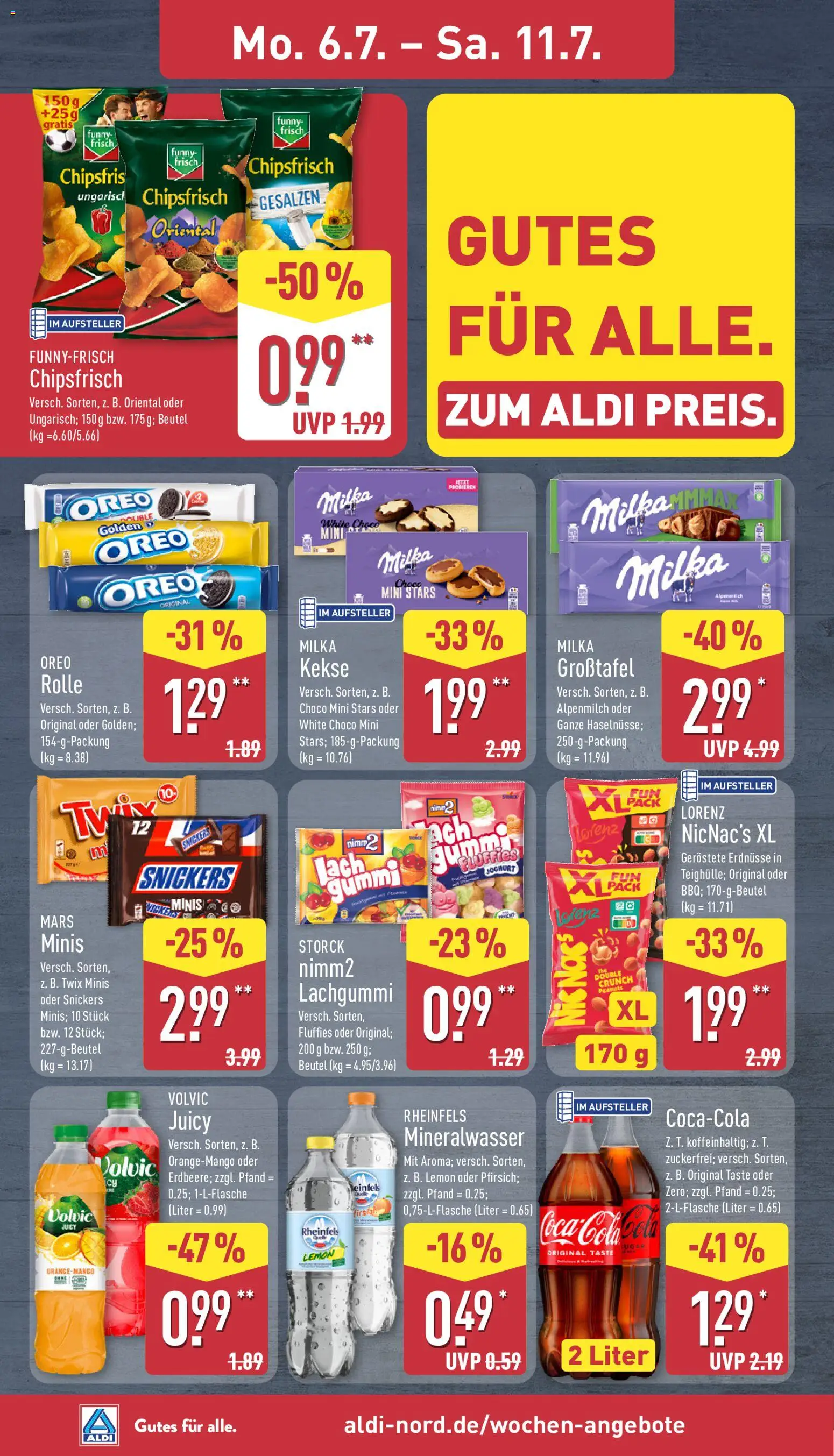 Aldi Prospekt – gültig ab 06.07.2026 | Seite: 8 | Produkte: Erdnüsse, Milka, Mineralwasser, Kekse
