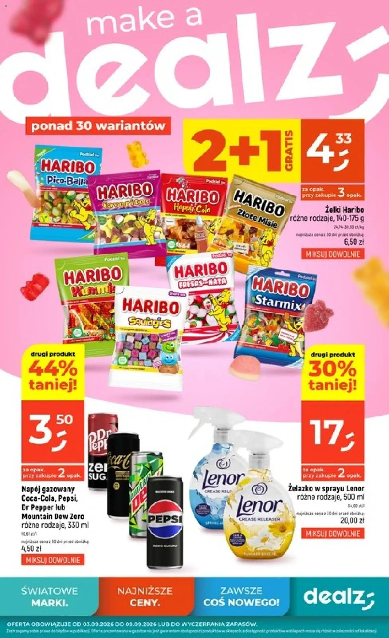 Dealz gazetka od 03.09.2026 | Strona: 1 | Produkty: Żelki haribo, Żelazko, Pepsi, Żelki