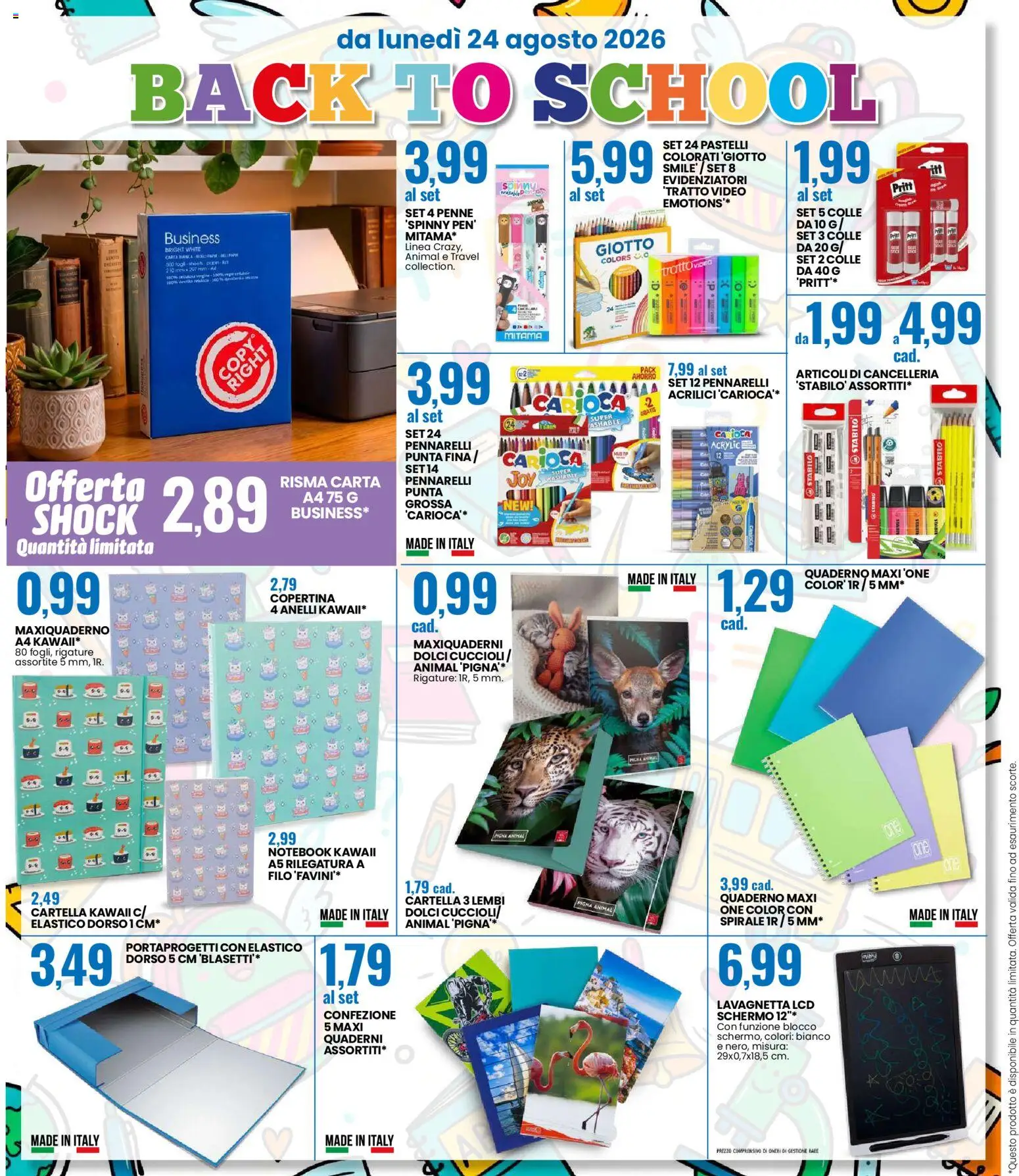 Volantino Eurospin del 24/08/2026 | Pagina: 12 | Prodotti: Notebook, Dolci, Pennarelli, Carta A4