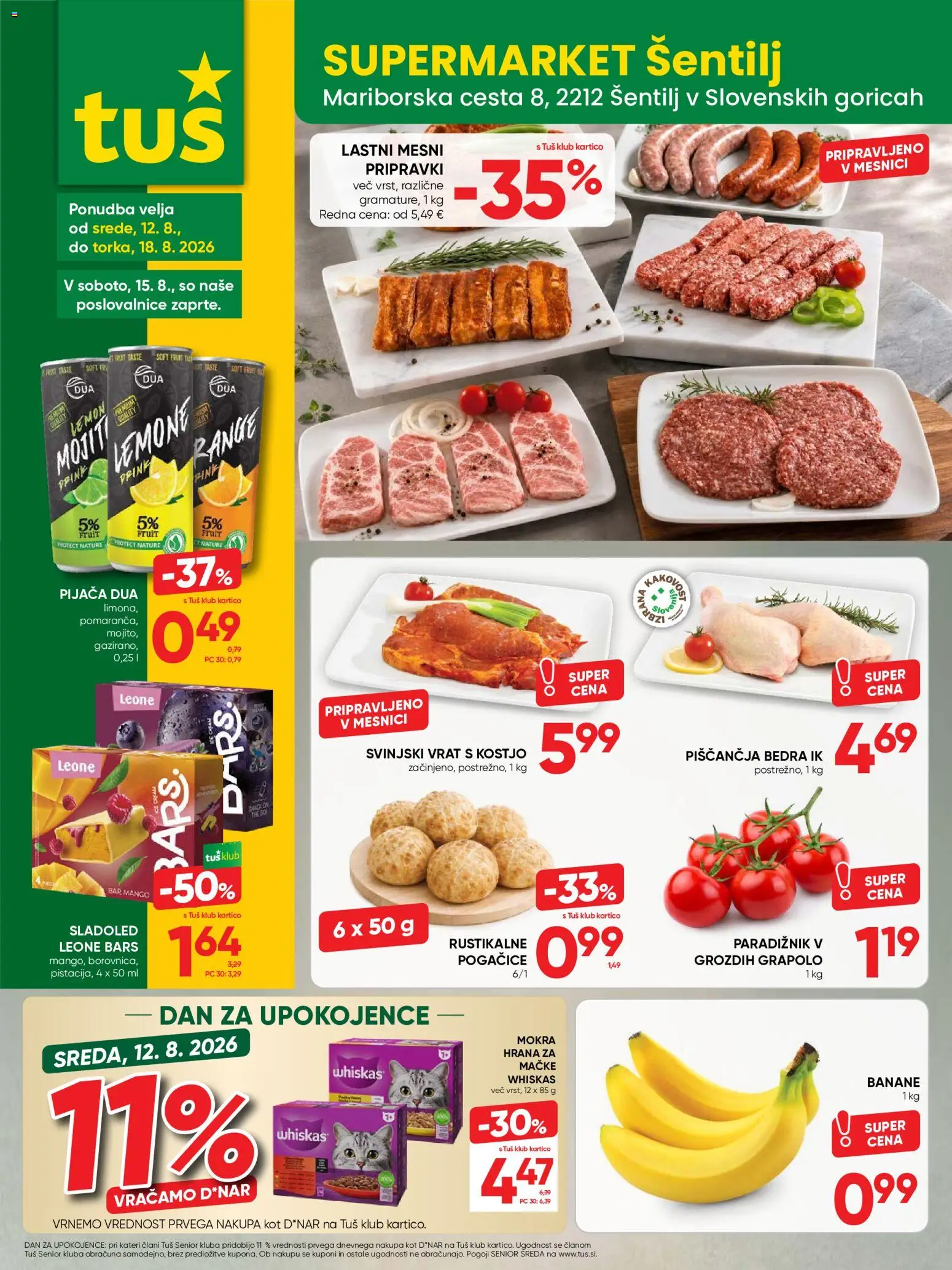 Novi Tuš katalog ponudbe – veljaven od 12.08.2026 | Stran: 9 | Izdelki: Hrana za mačke, Piščančja bedra, Sladoled, Mango