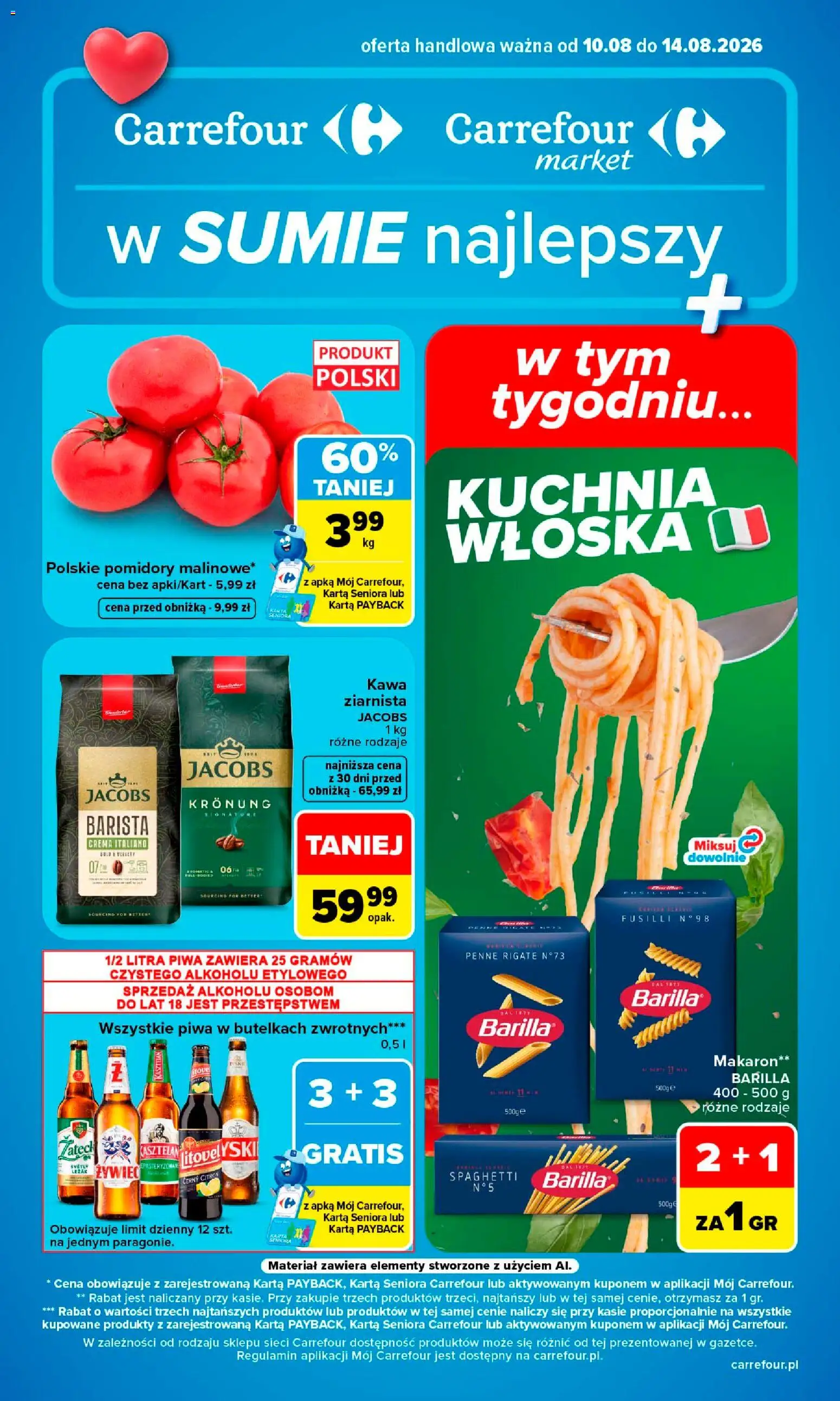Carrefour gazetka od 10.08.2026 | Strona: 1 | Produkty: Karta, Jacobs, Barilla, Kawa ziarnista