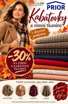 Náhled letáku Prior - Kabátovky a Zimní Tkaniny v Barvách Podzimu od 13.10.2026