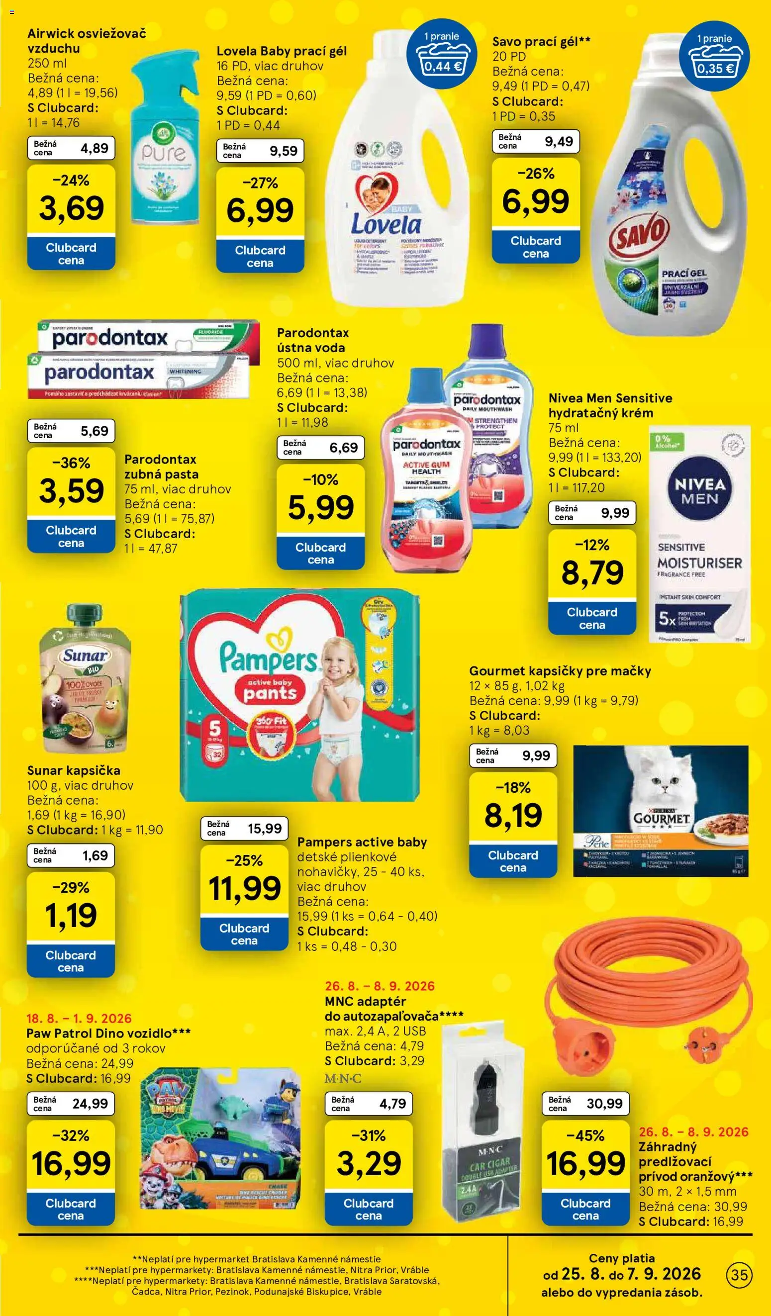 Nové Tesco akcie – leták je platný od 26.08.2026 | Strana: 35 | Produkty: Osviežovač vzduchu, Nivea, Kapsičky, Pampers