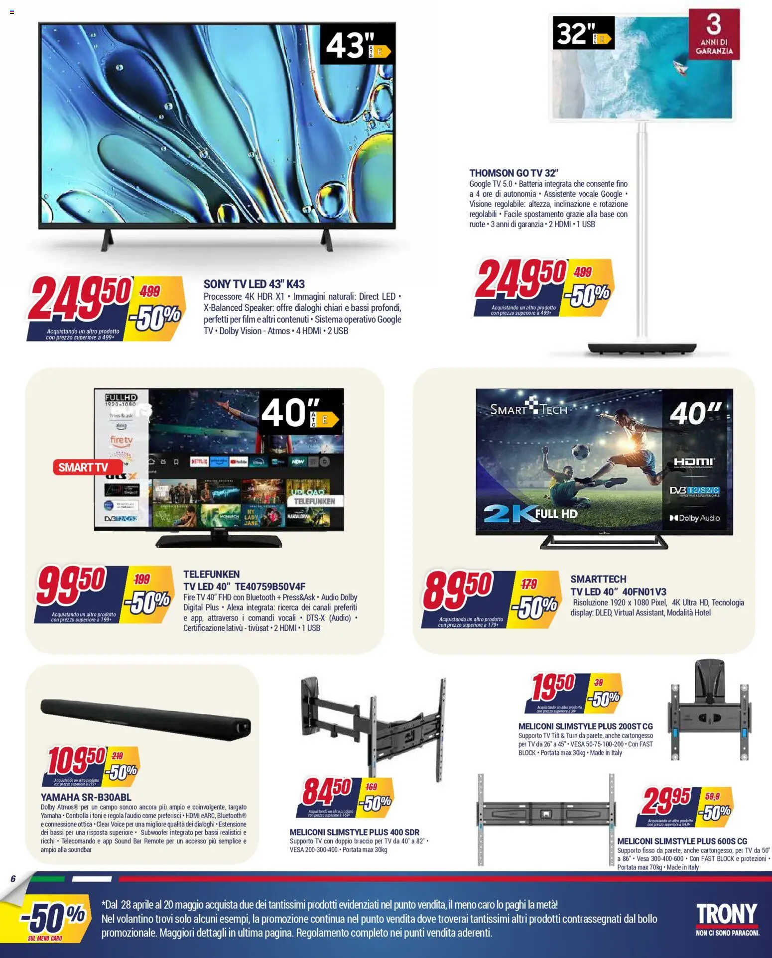 Volantino Trony del 28.04.2026 | Pagina: 6 | Prodotti: smart TV, TV, Audio, USB
