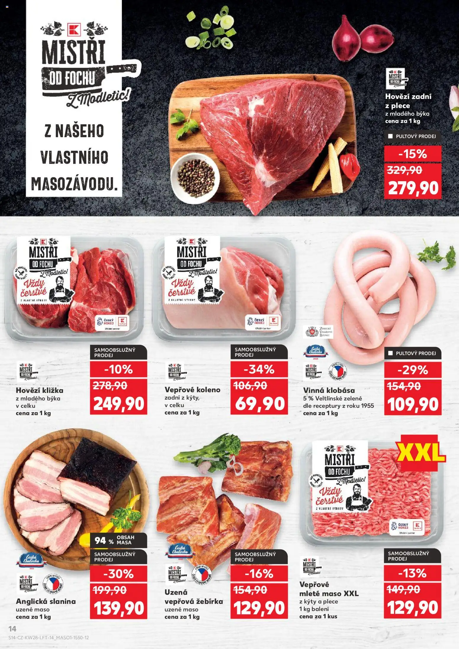 Kaufland leták od 08.07.2026 | Strana: 14 | Produkty: Vepřové koleno, Hovězí kližka, Vinná klobása, Klobása