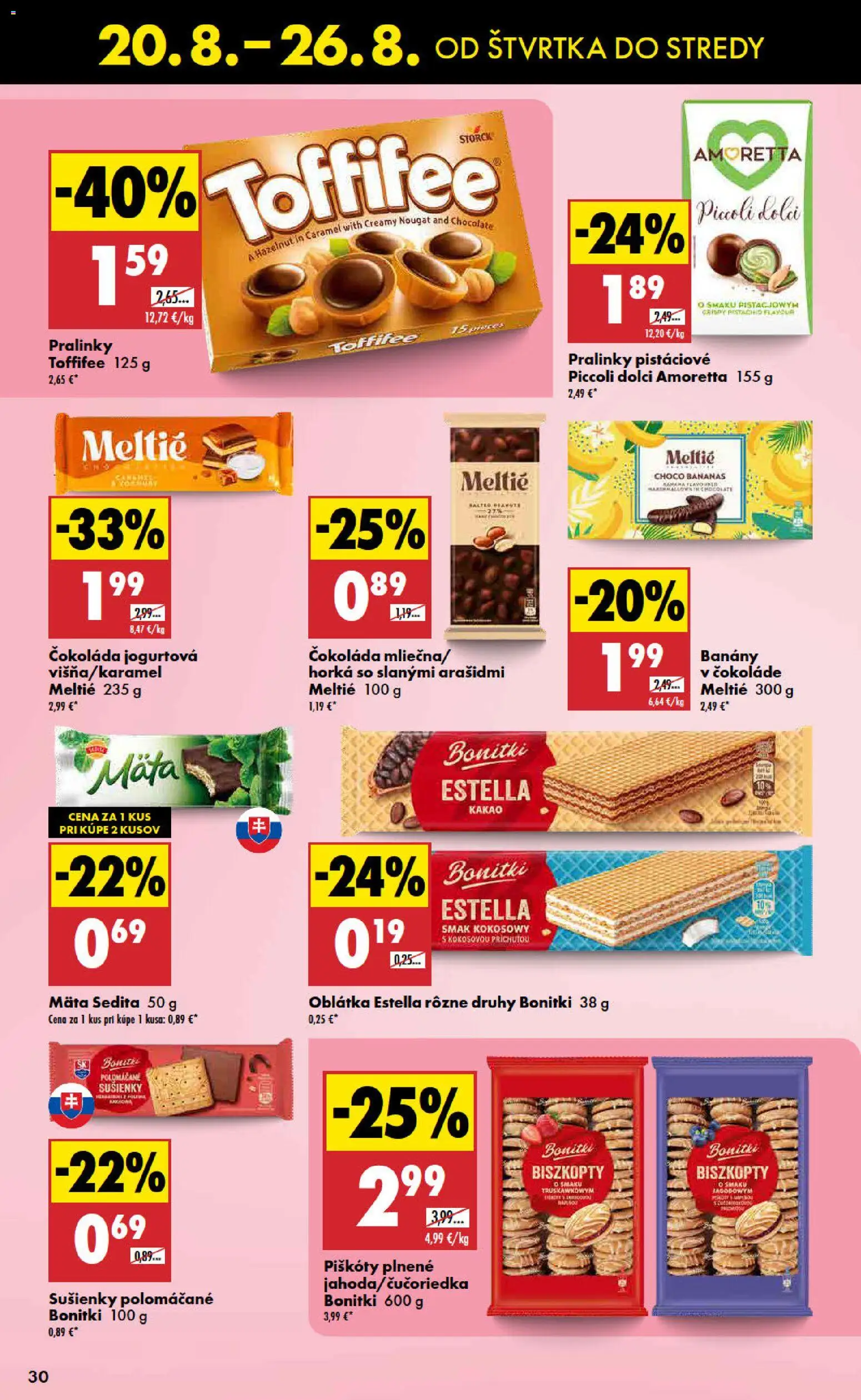Nové Biedronka akcie – leták je platný od 20.08.2026 | Strana: 30 | Produkty: Banány v čokoláde, Banány, Toffifee, Kakao