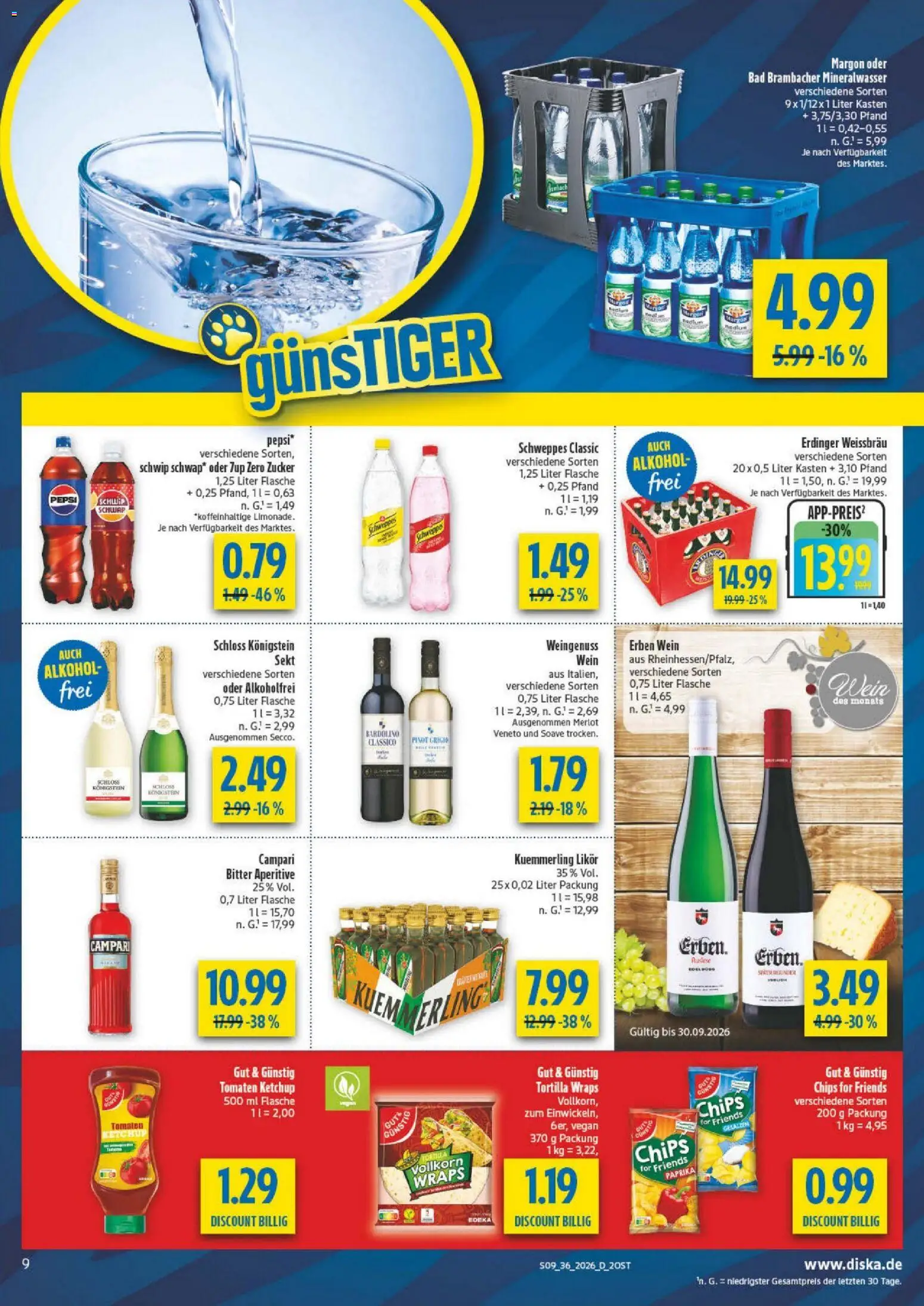 Diska - Diska Angebote Sachsen-Thüringen KW36 – gültig ab 26.08.2026 | Seite: 9 | Produkte: Likör, Mineralwasser, Wein, Chips