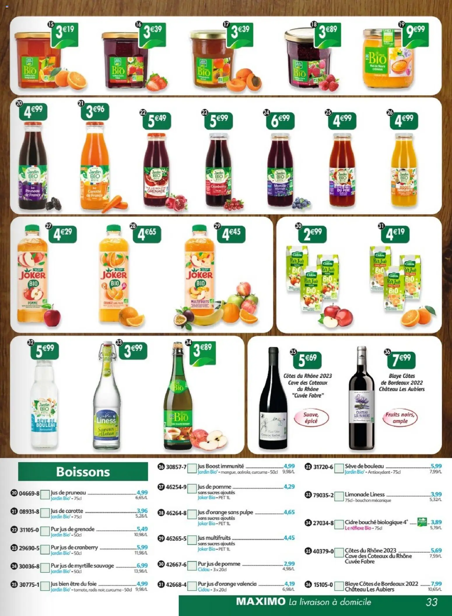 {H1} | Page: 33 | Produits: Jus d'orange, Pomme, Radis, Carotte