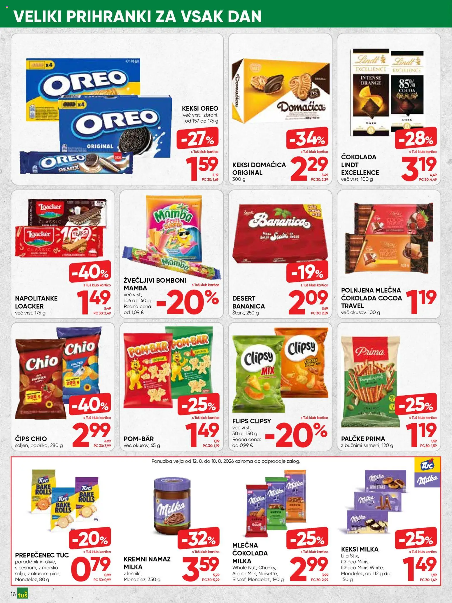 Novi Tuš katalog ponudbe – veljaven od 05.08.2026 | Stran: 16 | Izdelki: Napolitanke, Keksi, Paradiznik, Cips