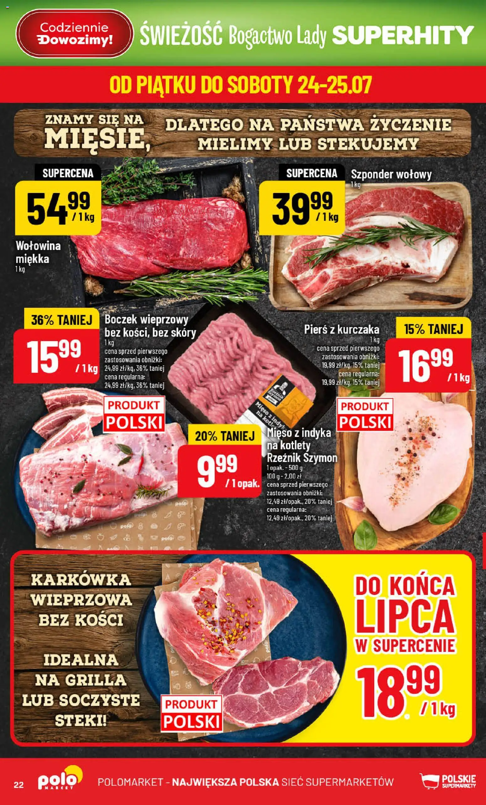 POLOmarket gazetka od 22.07.2026 | Strona: 22 | Produkty: Karkówka, Boczek, Wołowina, Kotlety