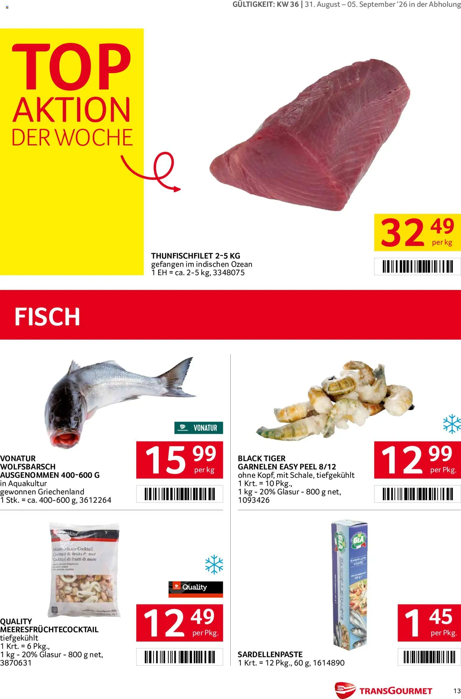 Transgourmet Flugblatt gültig ab 31.08.2026 | Seite: 13 | Produkte: Meeresfrüchte, Fisch