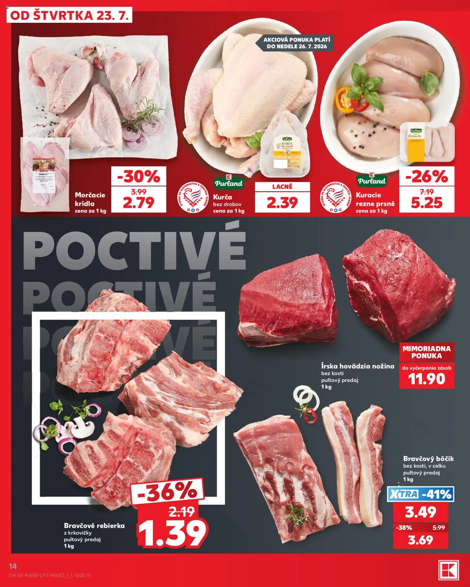 Nové Kaufland akcie – leták je platný od 23.07.2026 | Strana: 14 | Produkty: Bravčový bôčik, Kurča