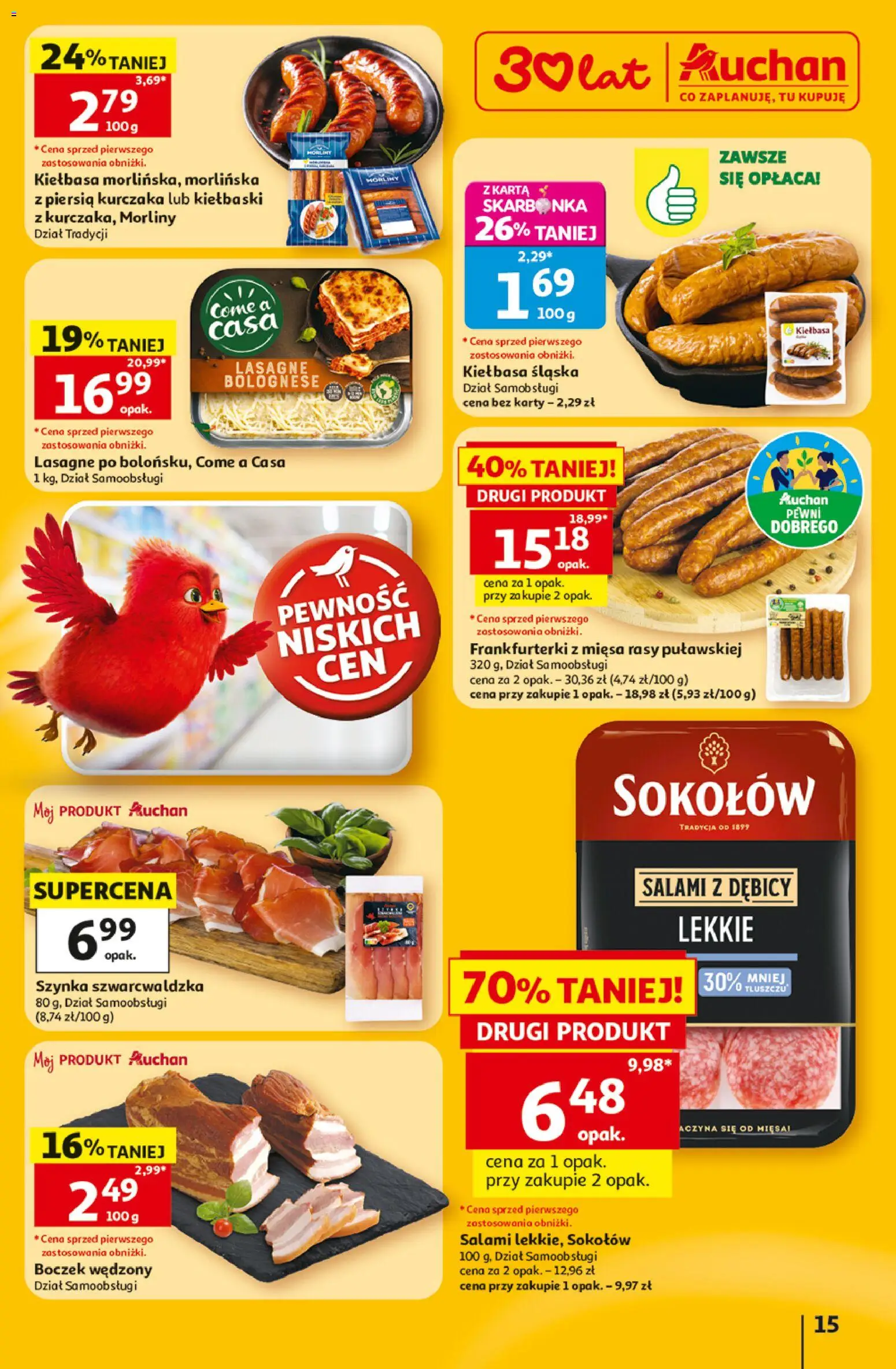 Auchan gazetka - 30 Lat Hipermarket od 02.07.2026 | Strona: 15 | Produkty: Karta, Szynka, Boczek, Lasagne bolognese