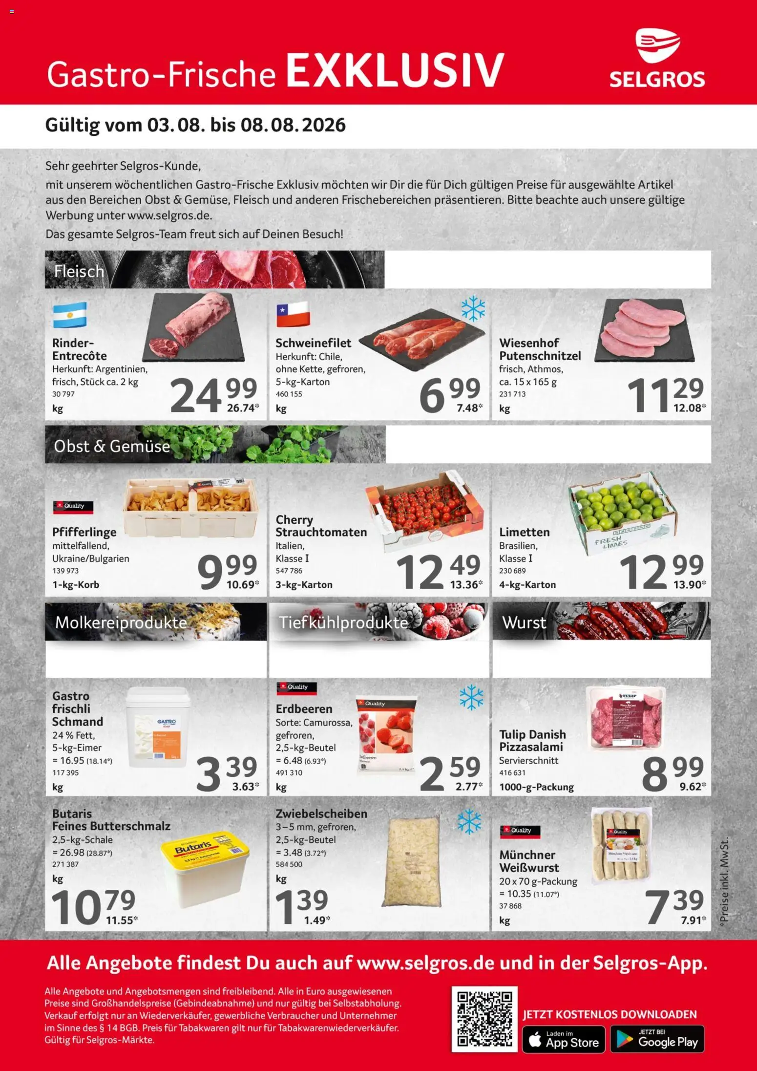 Selgros Gastro Angebote – gültig ab 03.08.2026 | Seite: 1 | Produkte: Butterschmalz, Schweinefilet, Erdbeeren, Fleisch
