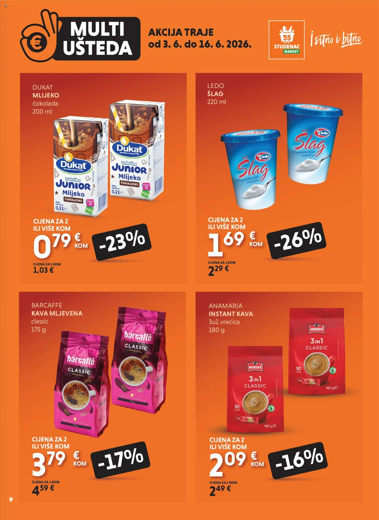 Studenac katalog | vrijedi od 03.06.2026 | Stranica: 9 | Proizvodi: Mlijeko, Kava, Ledo, Šlag