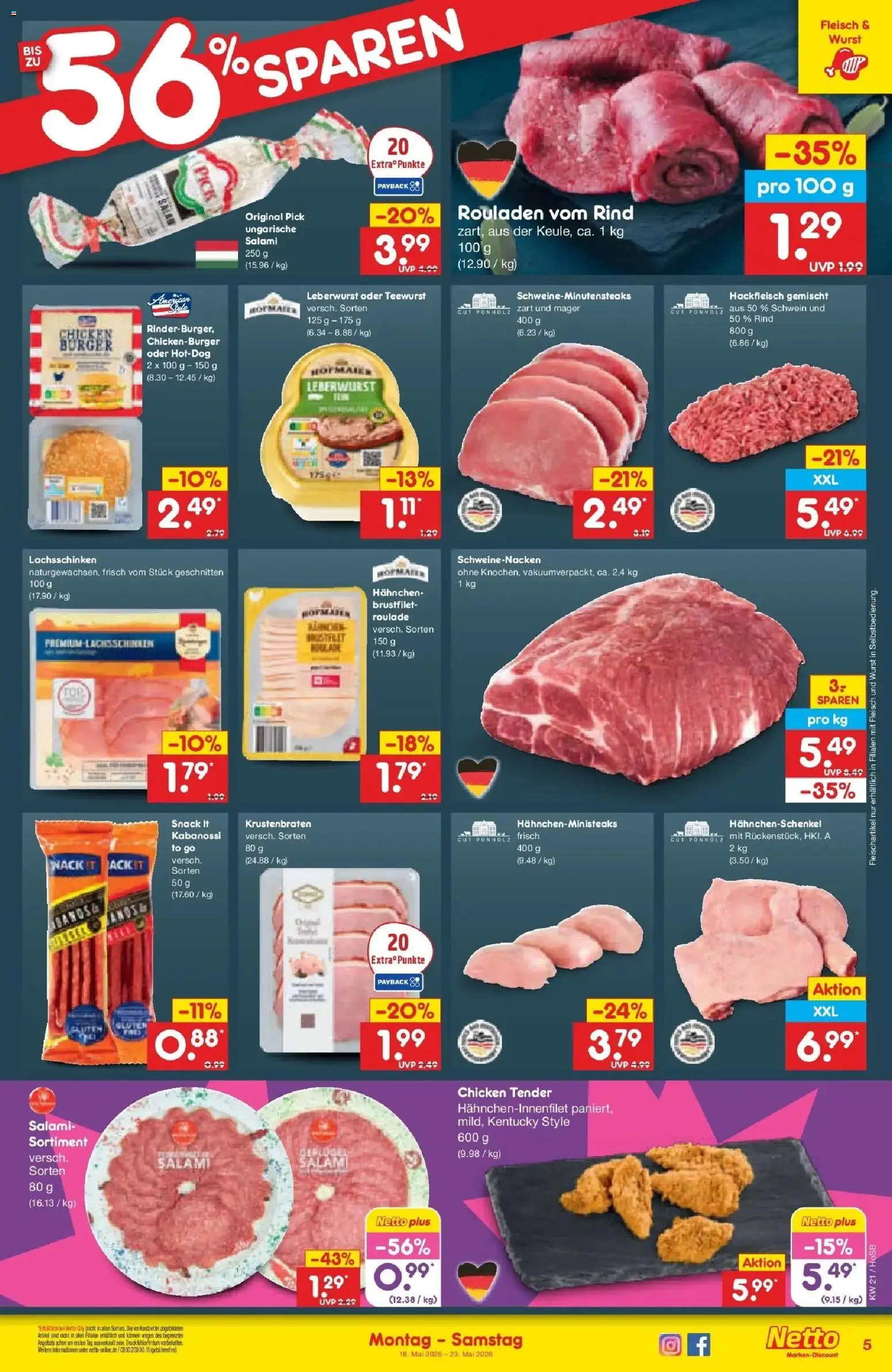 Netto Marken-Discount Prospekt Hannover	 – gültig ab 17.05.2026 | Seite: 5 | Produkte: Hahnchenschenkel, Krustenbraten, Salami, Fleisch