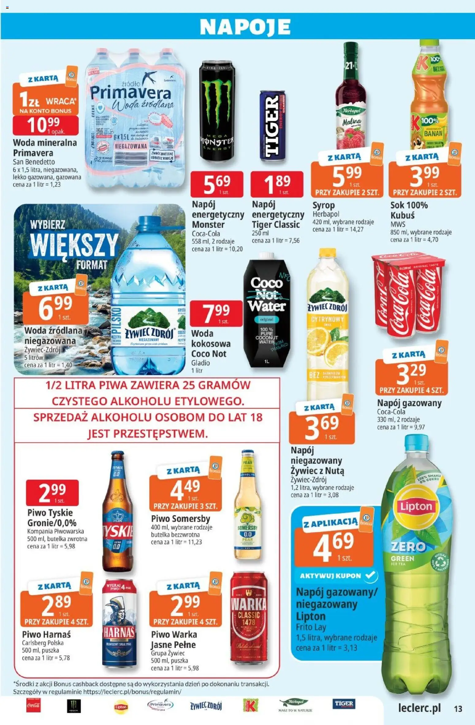 E.Leclerc - Ulotka od 03.11.2026 | Strona: 13 | Produkty: Karta, Kubuś, Woda mineralna, Piwo Warka