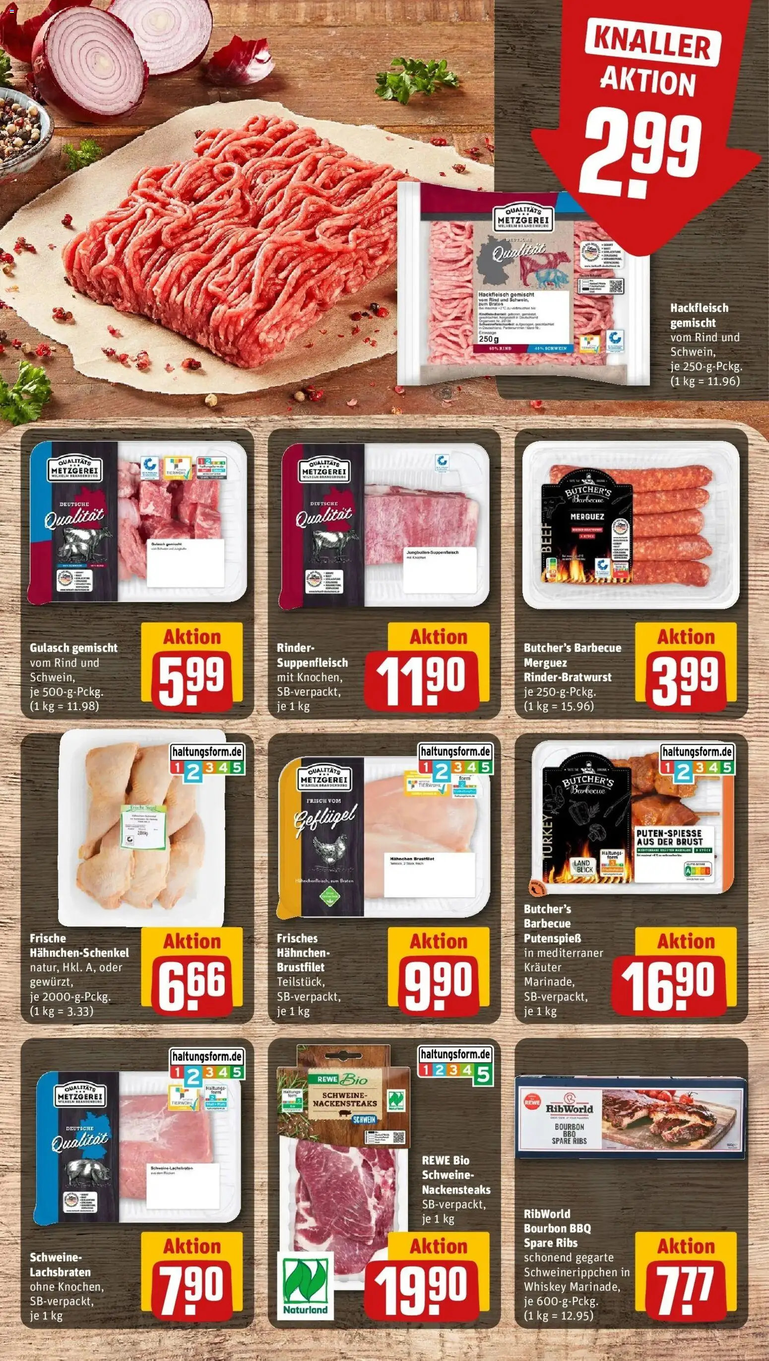REWE Prospekt ab 04.05.2026 zum Blättern » Angebote | Seite: 12 | Produkte: Hahnchenschenkel, Gulasch, Suppenfleisch, Hackfleisch