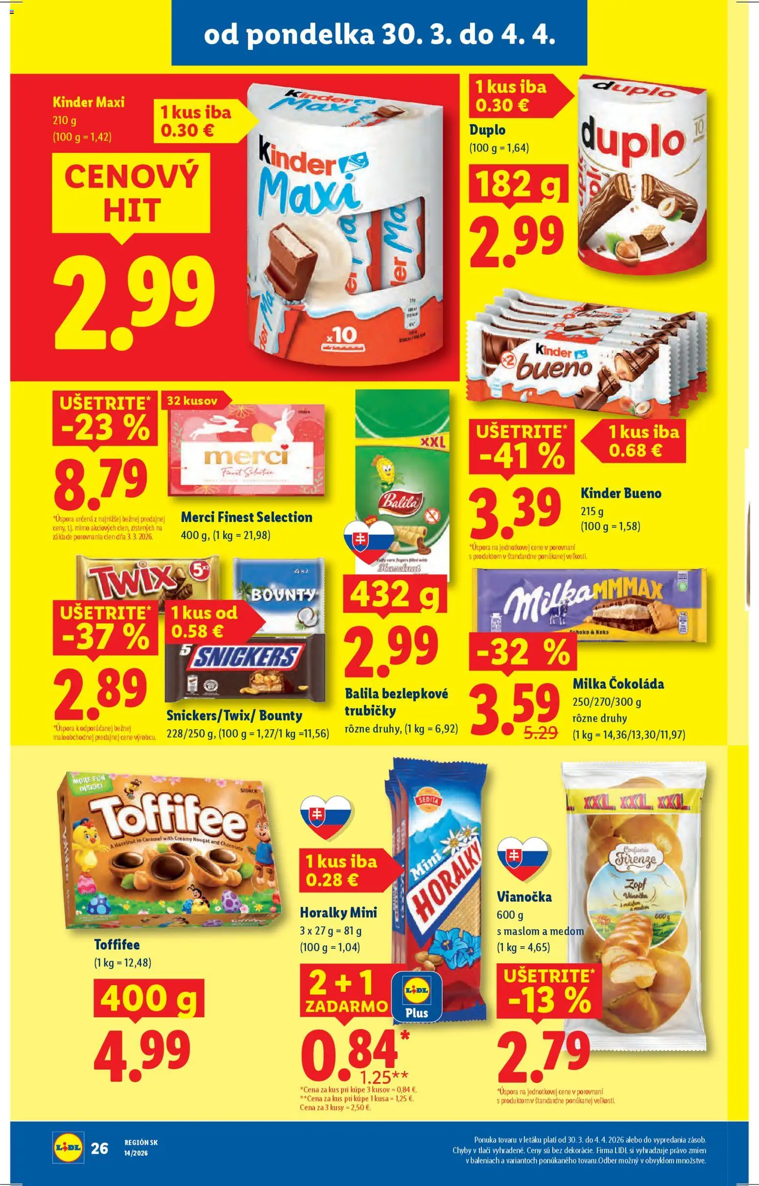 Nové Lidl akcie – leták je platný od 30.03.2026 | Strana: 30 | Produkty: Kinder Bueno, Čokoláda, Milka, Horálky