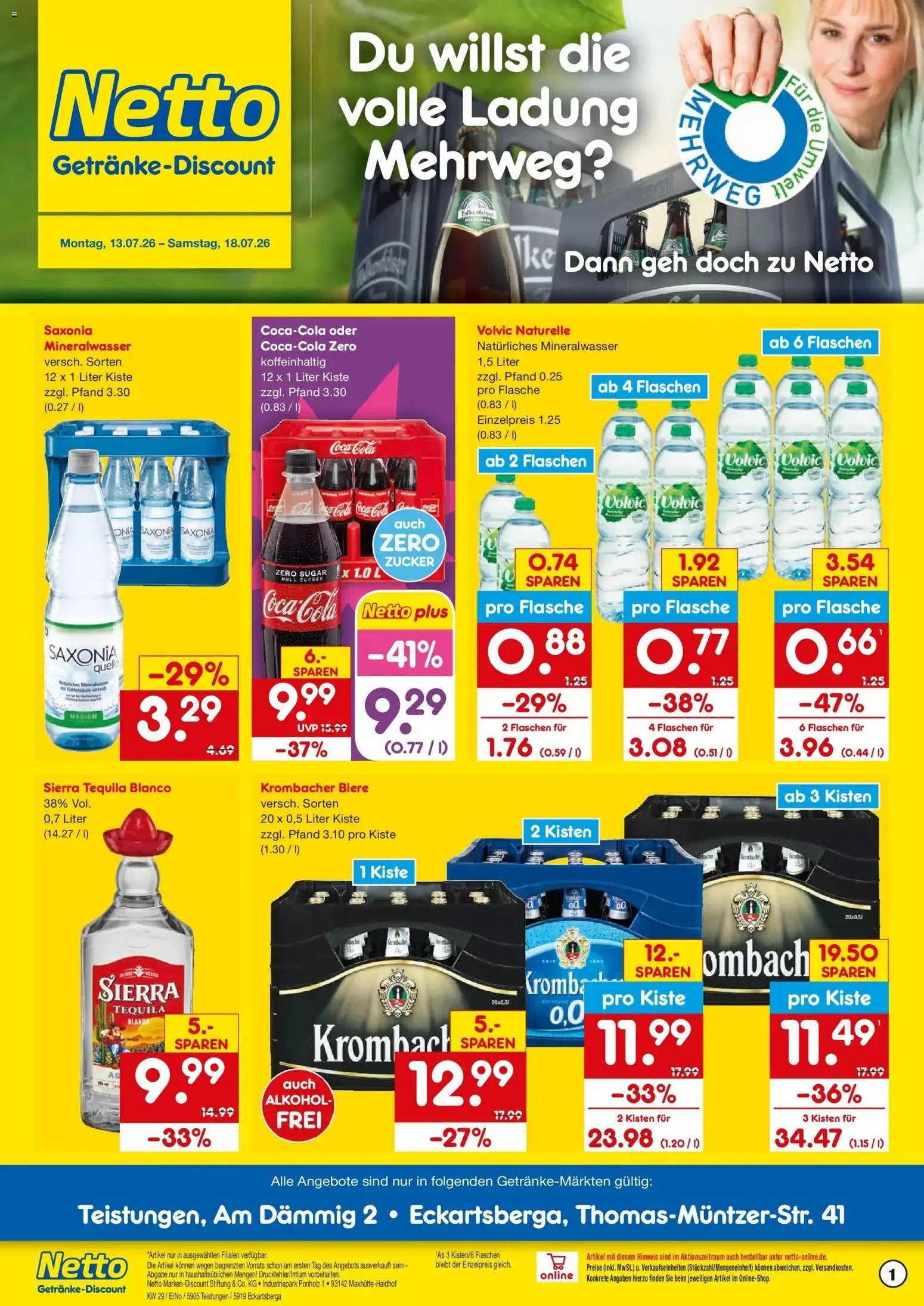 Netto Marken-Discount Prospekt Eckartsberga – gültig ab 13.07.2026 | Seite: 1 | Produkte: Coca cola, Cola, Zucker, Krombacher