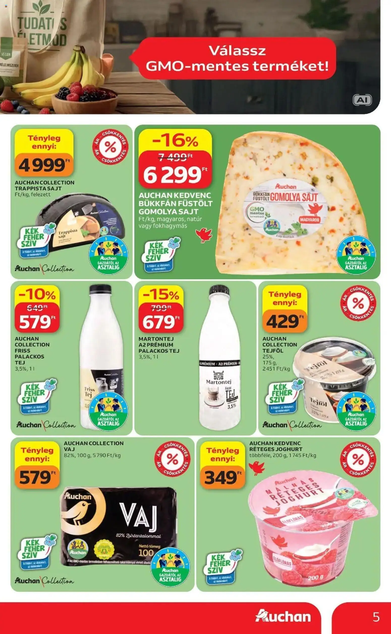 Auchan akciós újság Szolnok - 2026.08.27. -tól/töl > akció, lapozható szórólap 🛍️ | Oldal: 5 | Termékek: Tej, Joghurt, Vegán, Trappista sajt