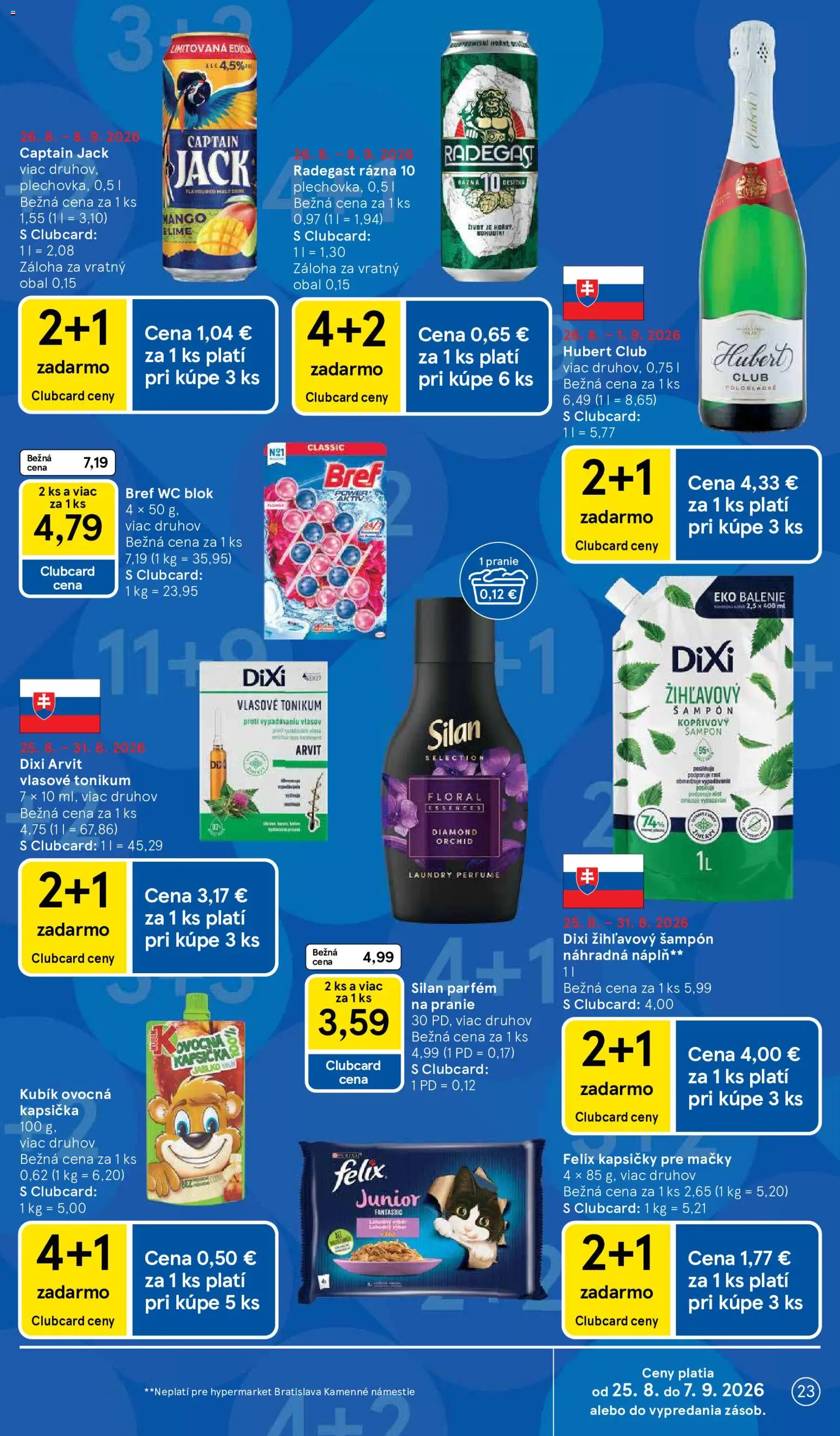 Nové Tesco akcie – leták je platný od 26.08.2026 | Strana: 23 | Produkty: Felix, Radegast, Silan, Tonic