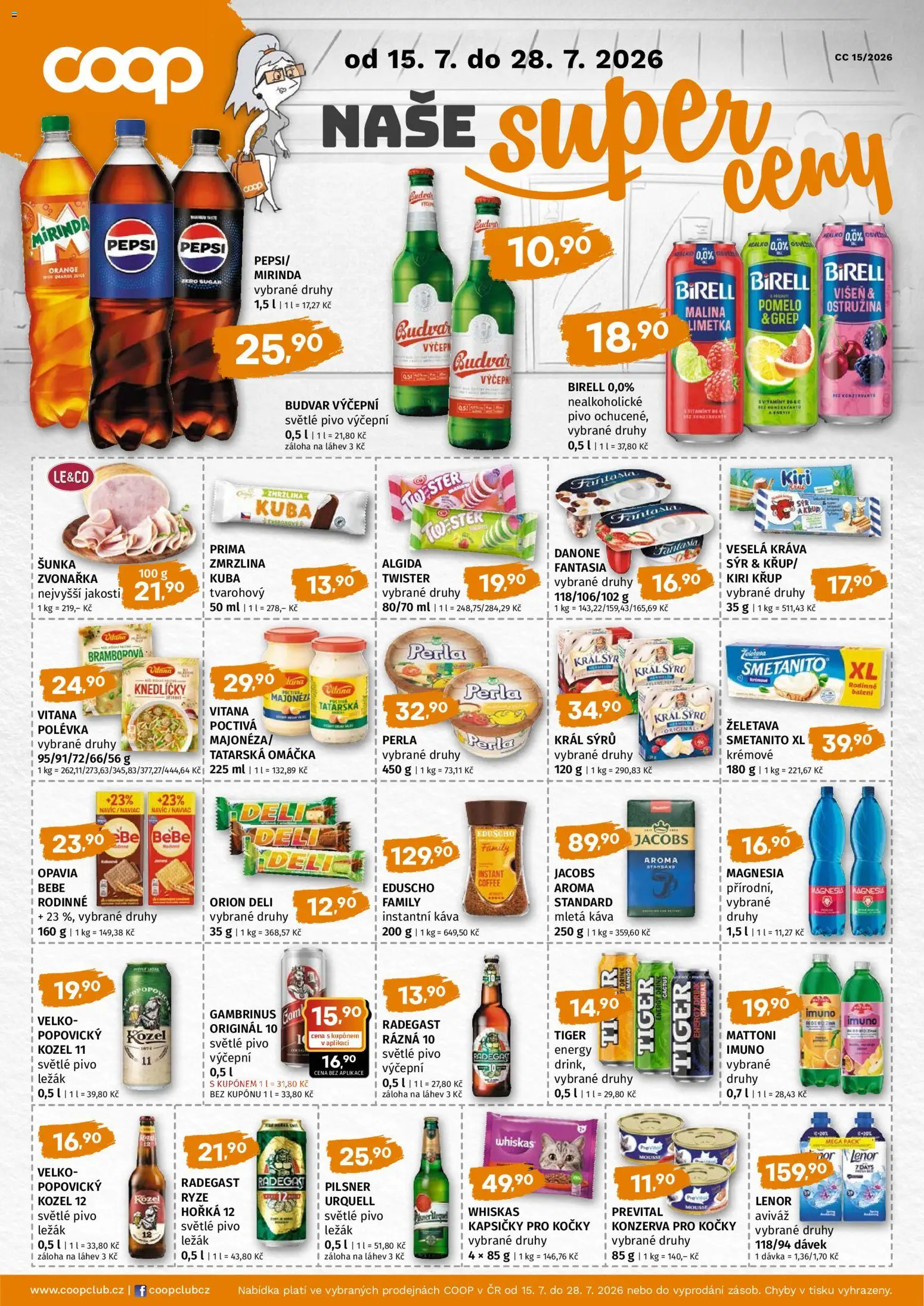 Trefa leták - COOP naše super ceny od 15.07.2026 | Strana: 1 | Produkty: Šunka, Mirinda, Gambrinus, Láhev