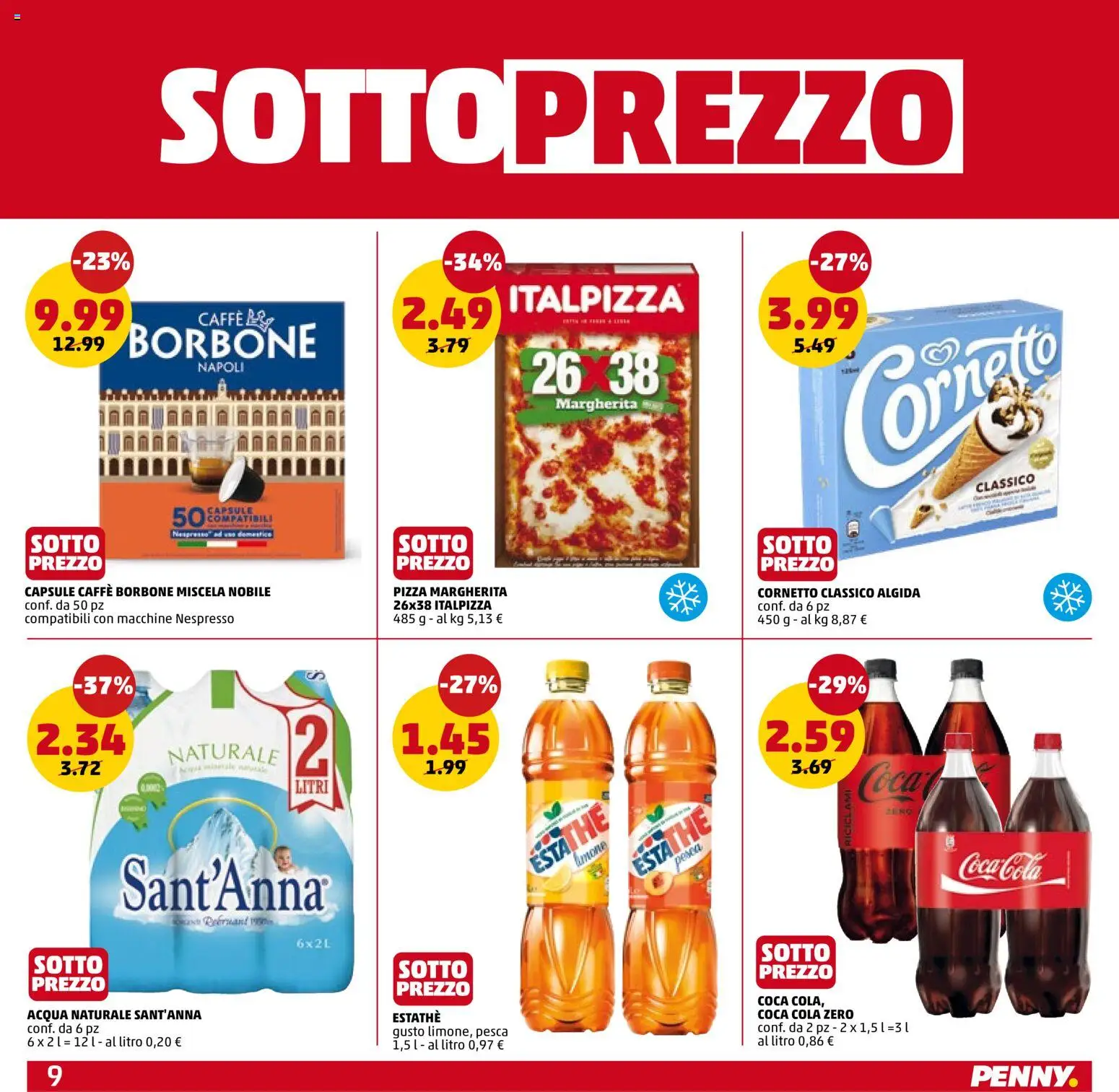 Volantino PENNY del 18.06.2026 | Pagina: 9 | Prodotti: Caffè, Pizza, Acqua naturale, Coca Cola