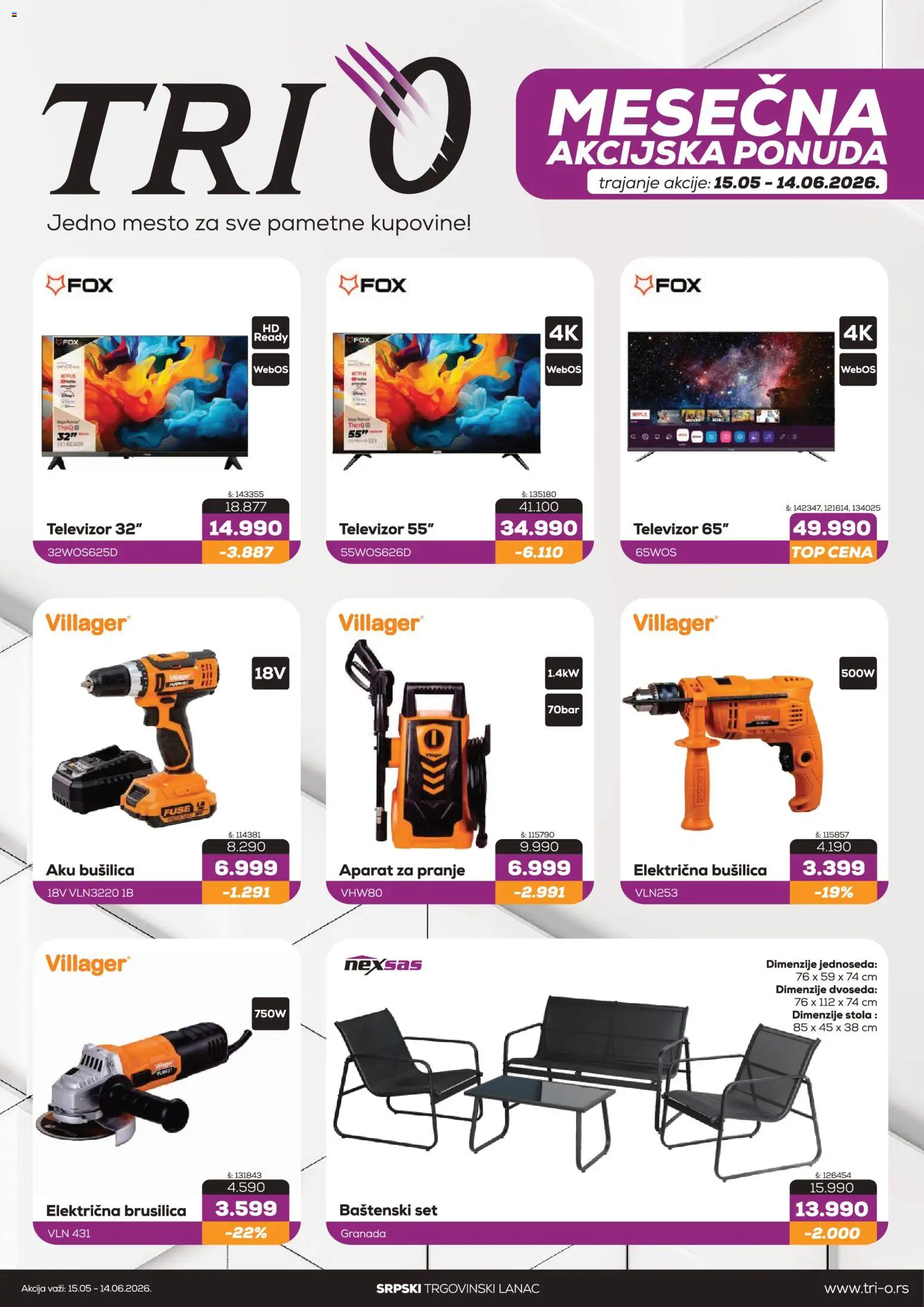 Tri O katalog - važi od 15.05.2026 | Strana: 1 | Proizvode: Televizor, Brusilica, Bušilica