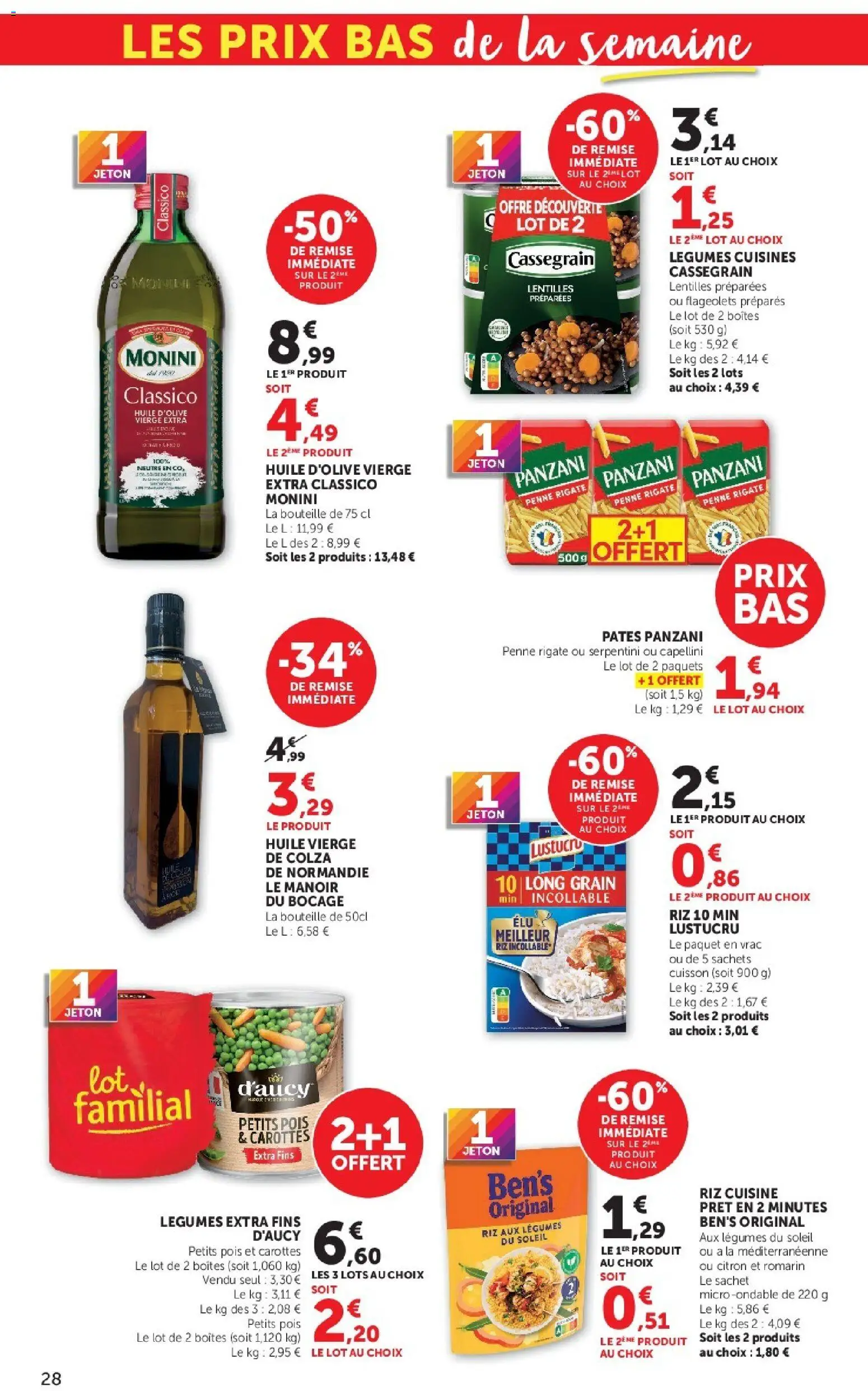 {H1} | Page: 28 | Produits: Lentilles, Citron, Bouteille, Pâtes