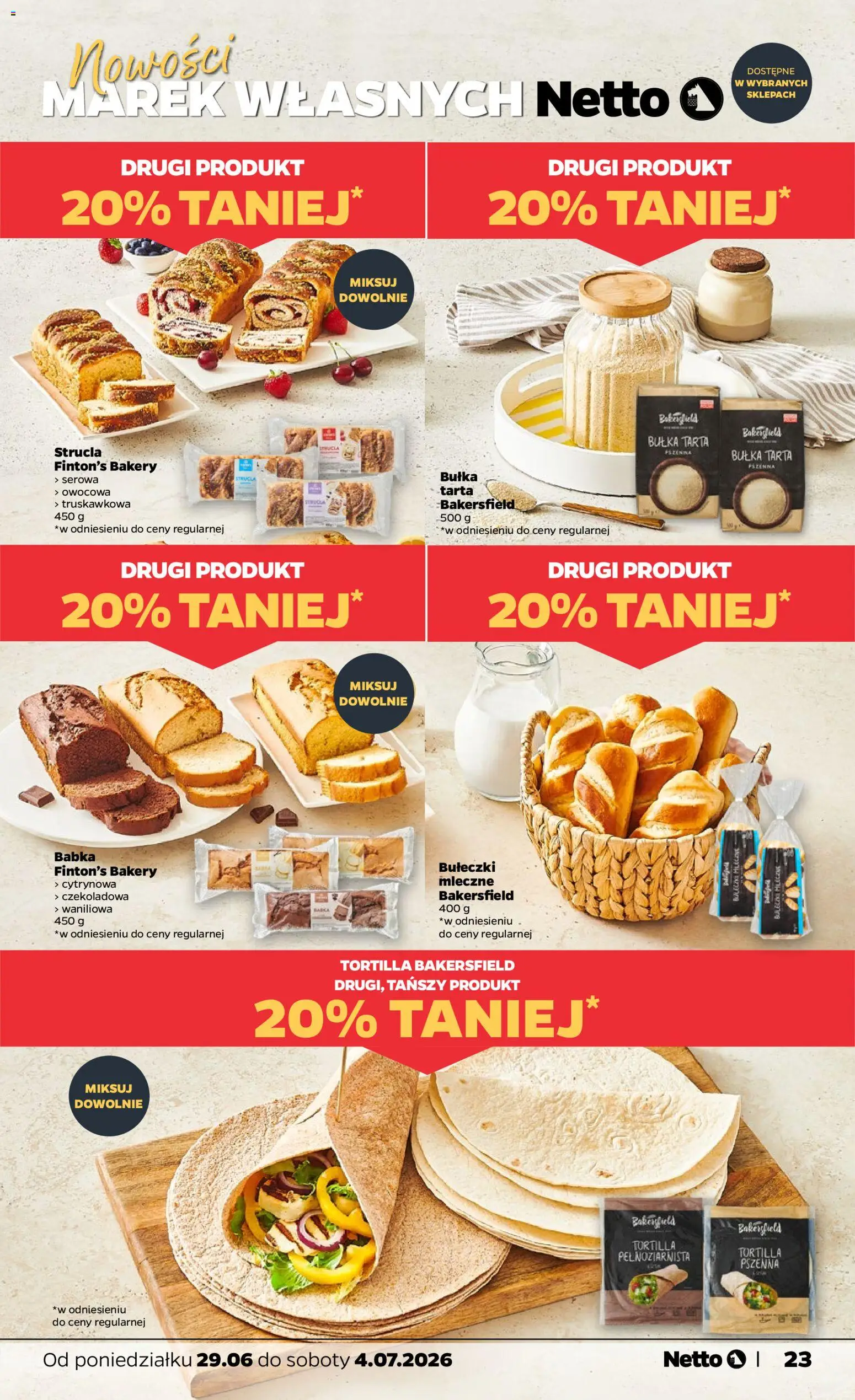 Netto gazetka od poniedziałku spożywcza od 29.06.2026 | Strona: 23 | Produkty: Bułka tarta, Tortilla, Bułka, Babka